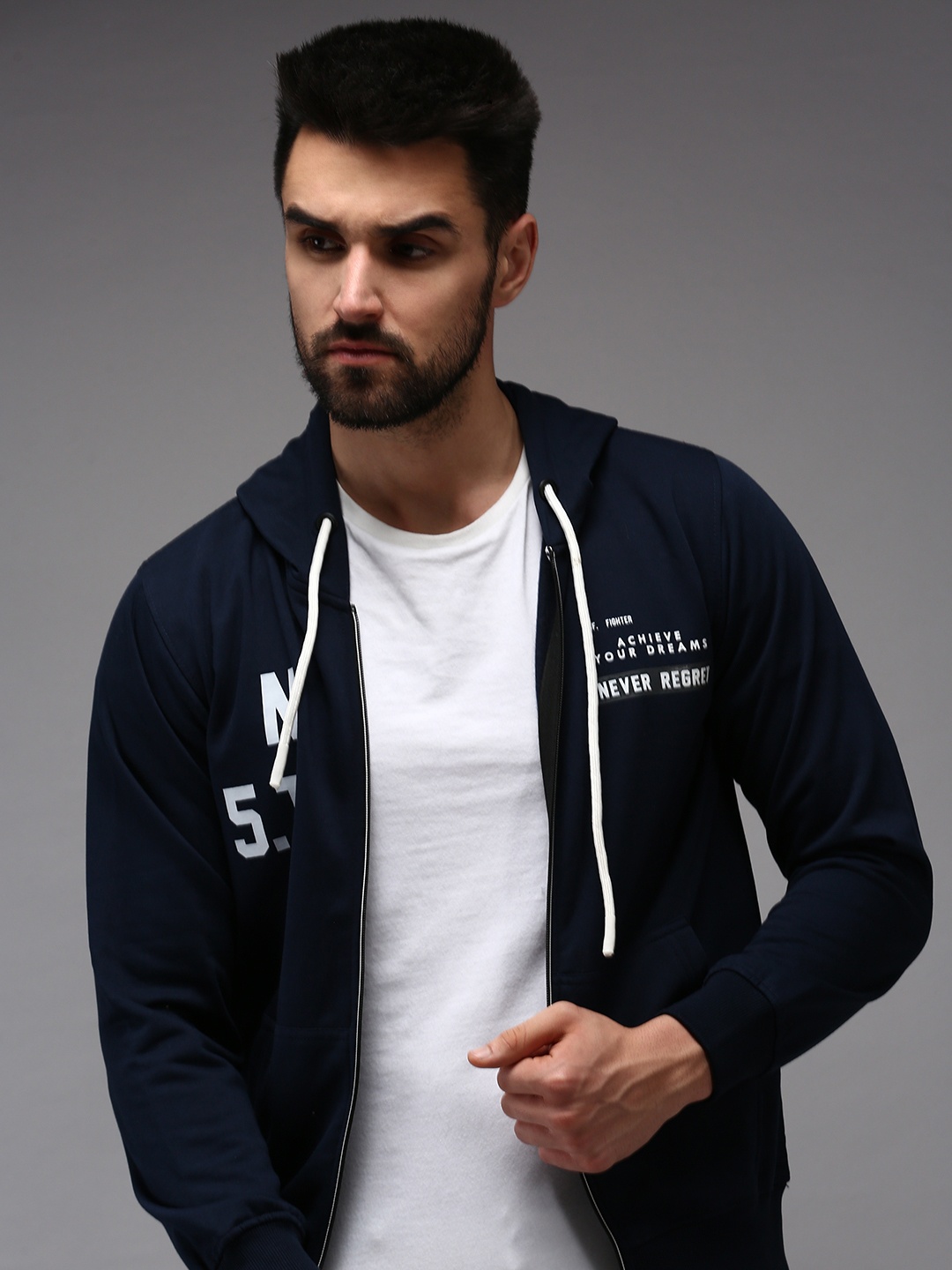 SHOWOFF Men Navy Blue & White Printed Hooded Sweatshirt