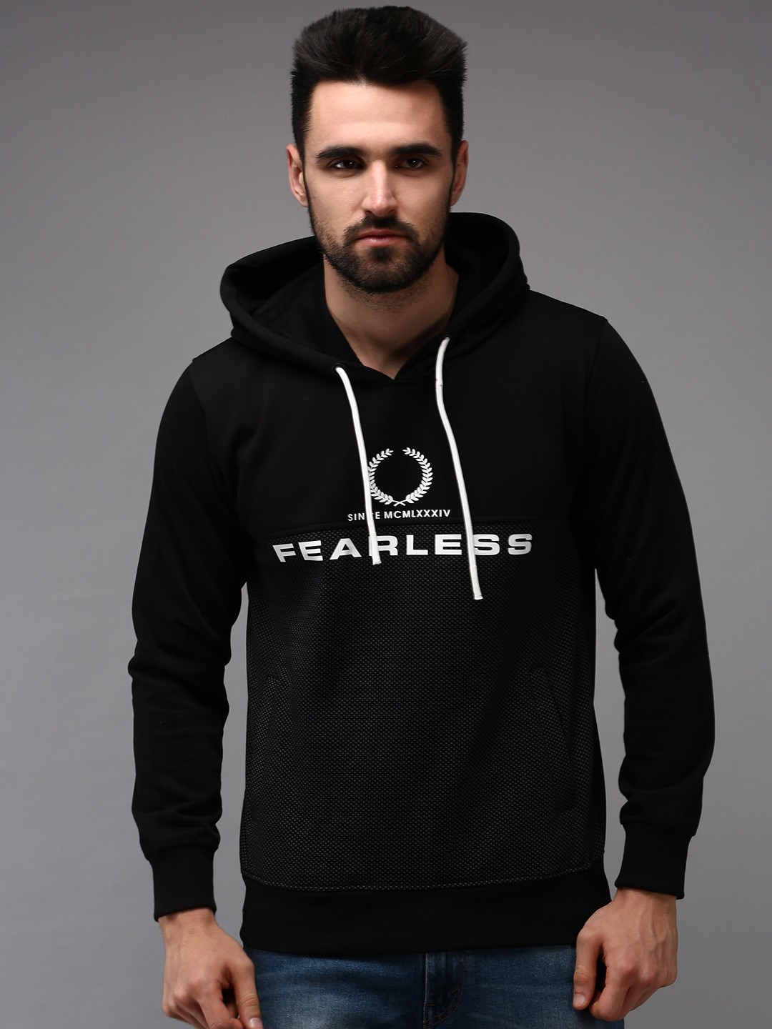 

SHOWOFF Men Black & White Printed Hooded Cotton Sweatshirt