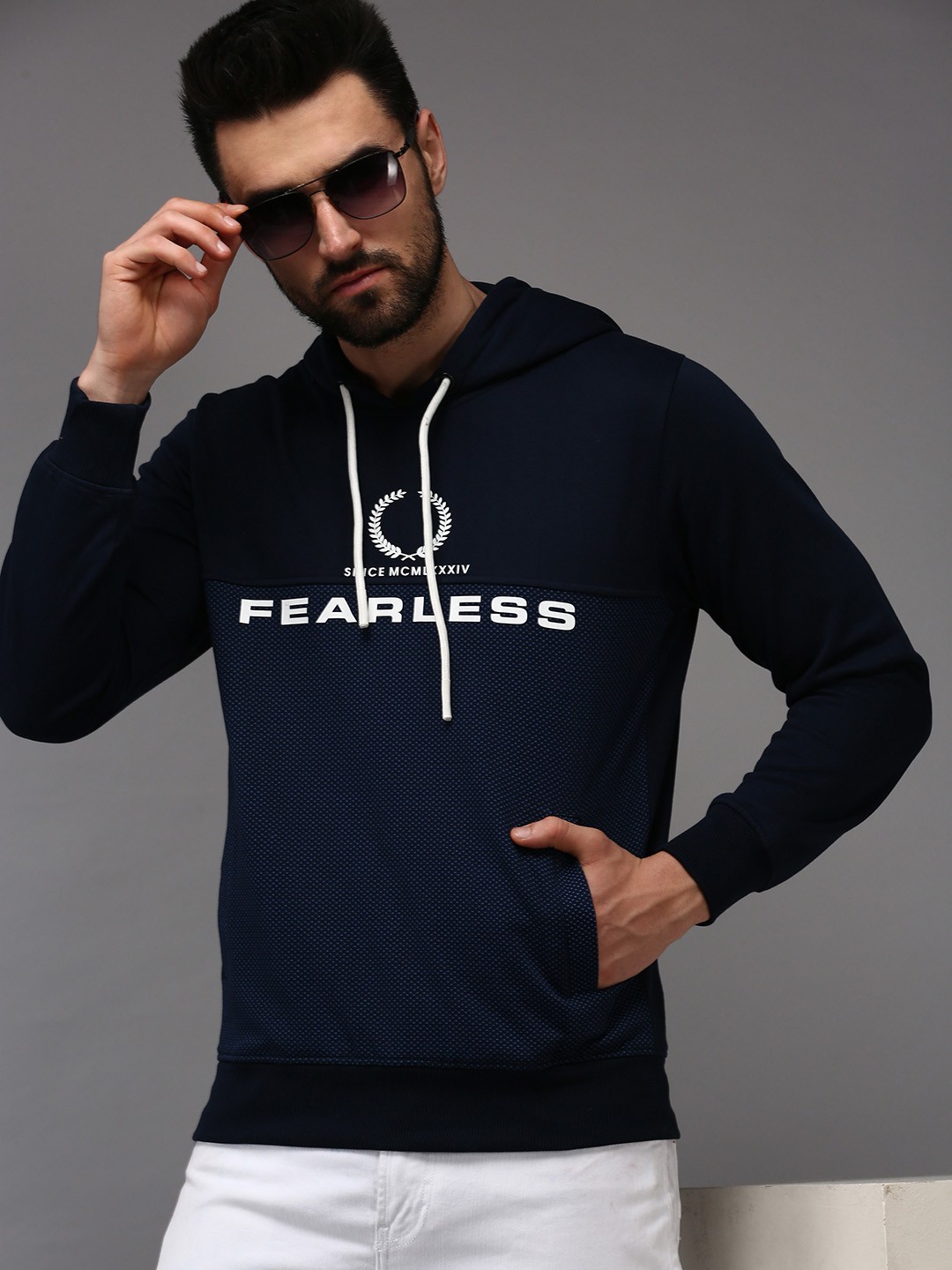 SHOWOFF Men Navy Blue Printed Hooded Cotton Sweatshirt