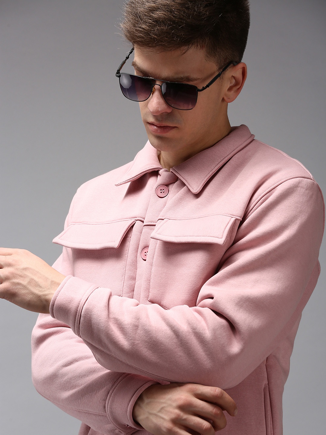 

SHOWOFF Men Pink Shirt Collar Cotton Sweatshirt