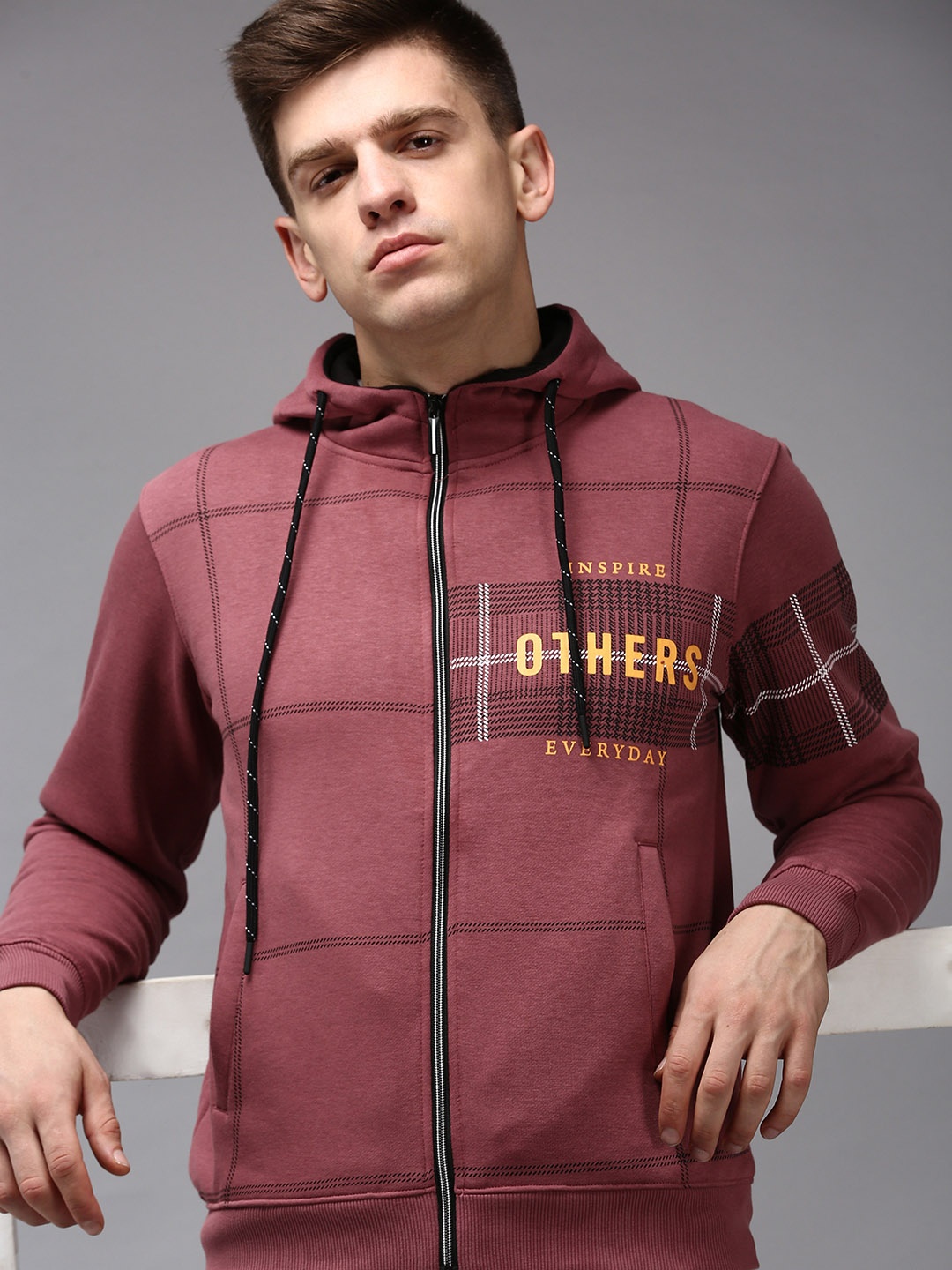 

SHOWOFF Men Mauve Checked Hooded Cotton Sweatshirt