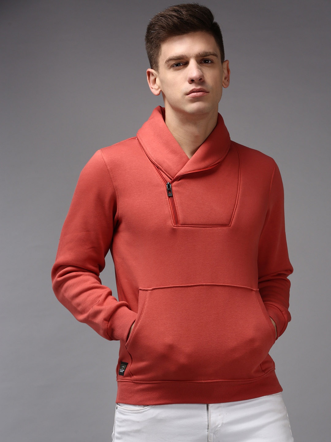 

SHOWOFF Men Rust Orange Double Collar Cotton Sweatshirt