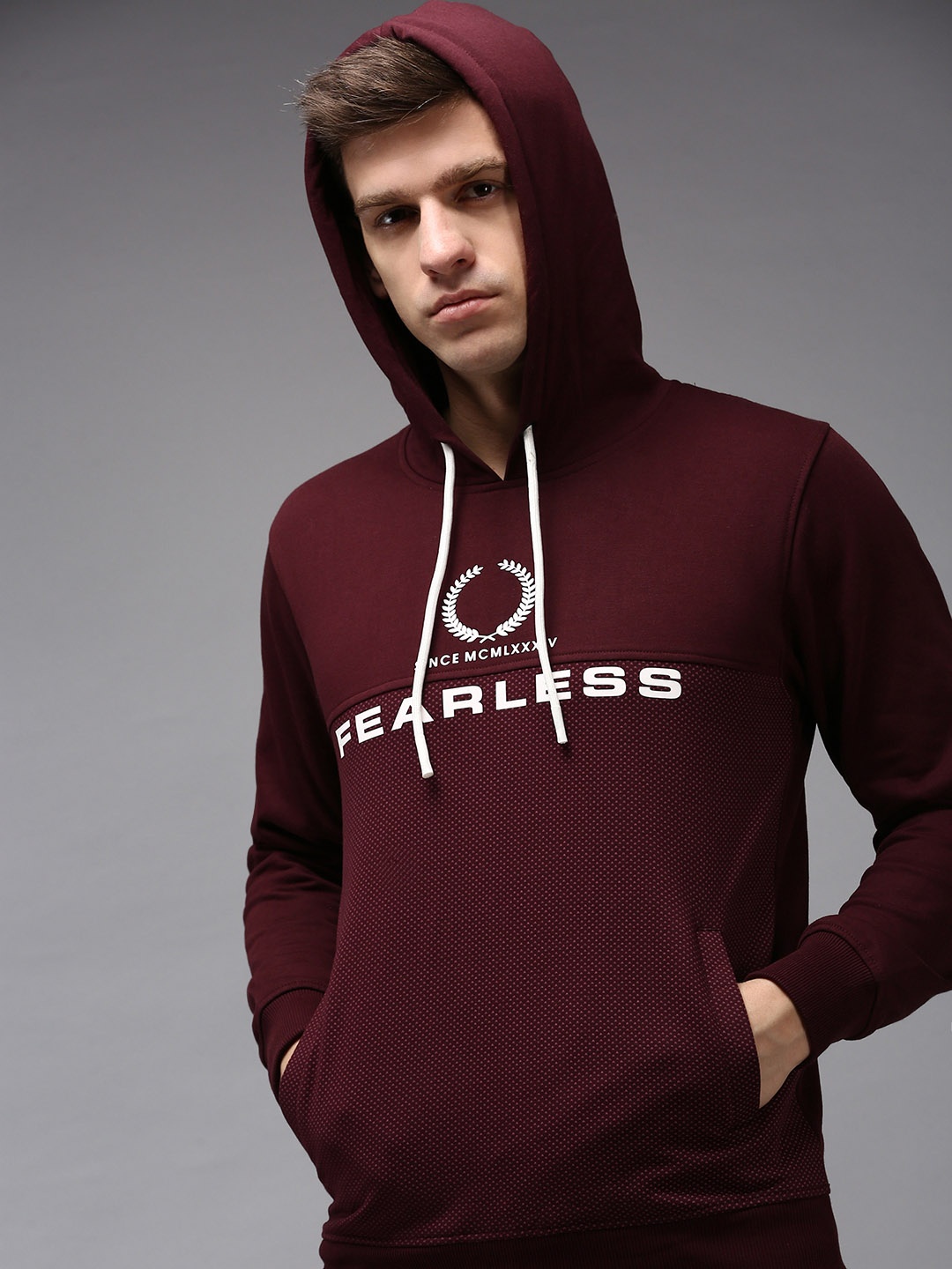 

SHOWOFF Men Burgundy Printed Hooded Cotton Sweatshirt