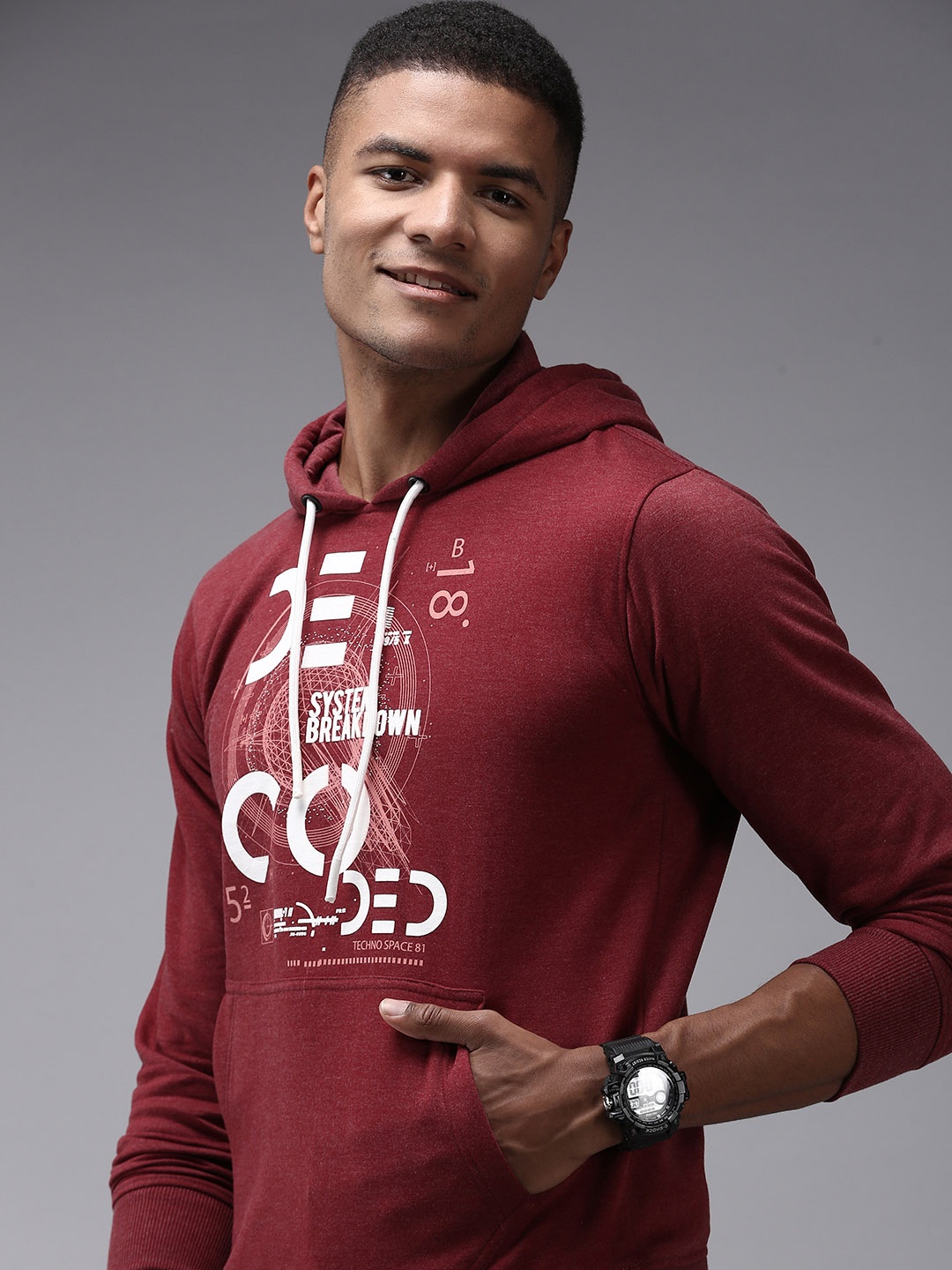 

SHOWOFF Men Maroon Printed Hooded Cotton Sweatshirt