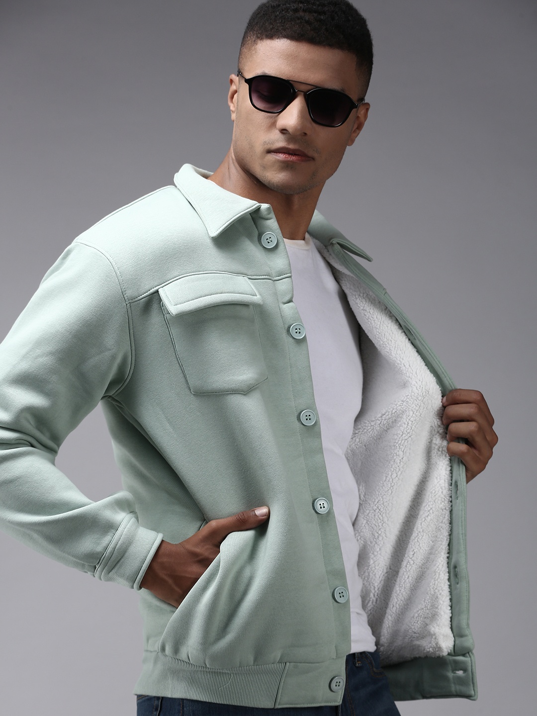 

SHOWOFF Men Sea Green Shirt Collar Cotton Sweatshirt