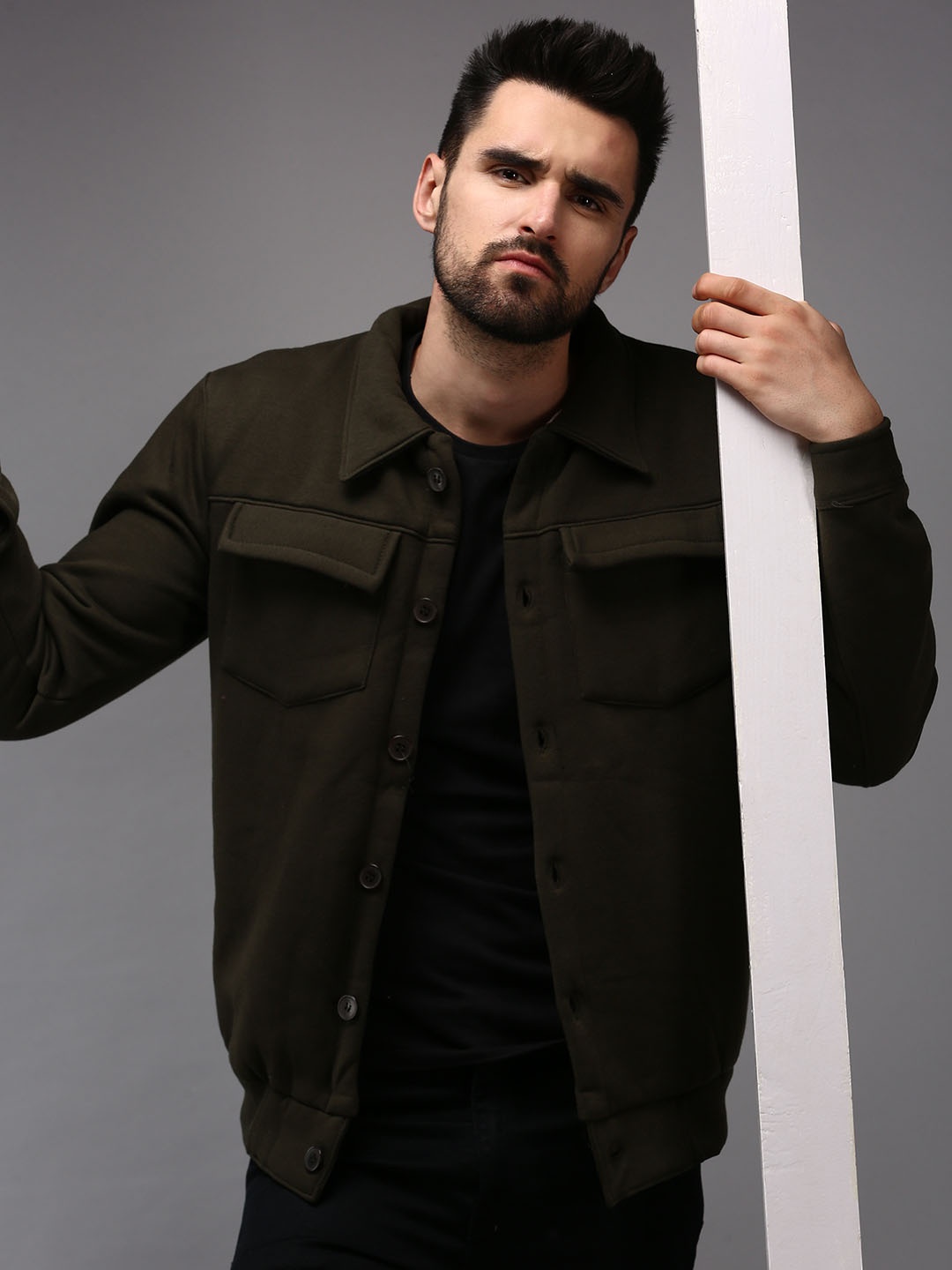 

SHOWOFF Men Olive Green Shirt Collar Cotton Sweatshirt