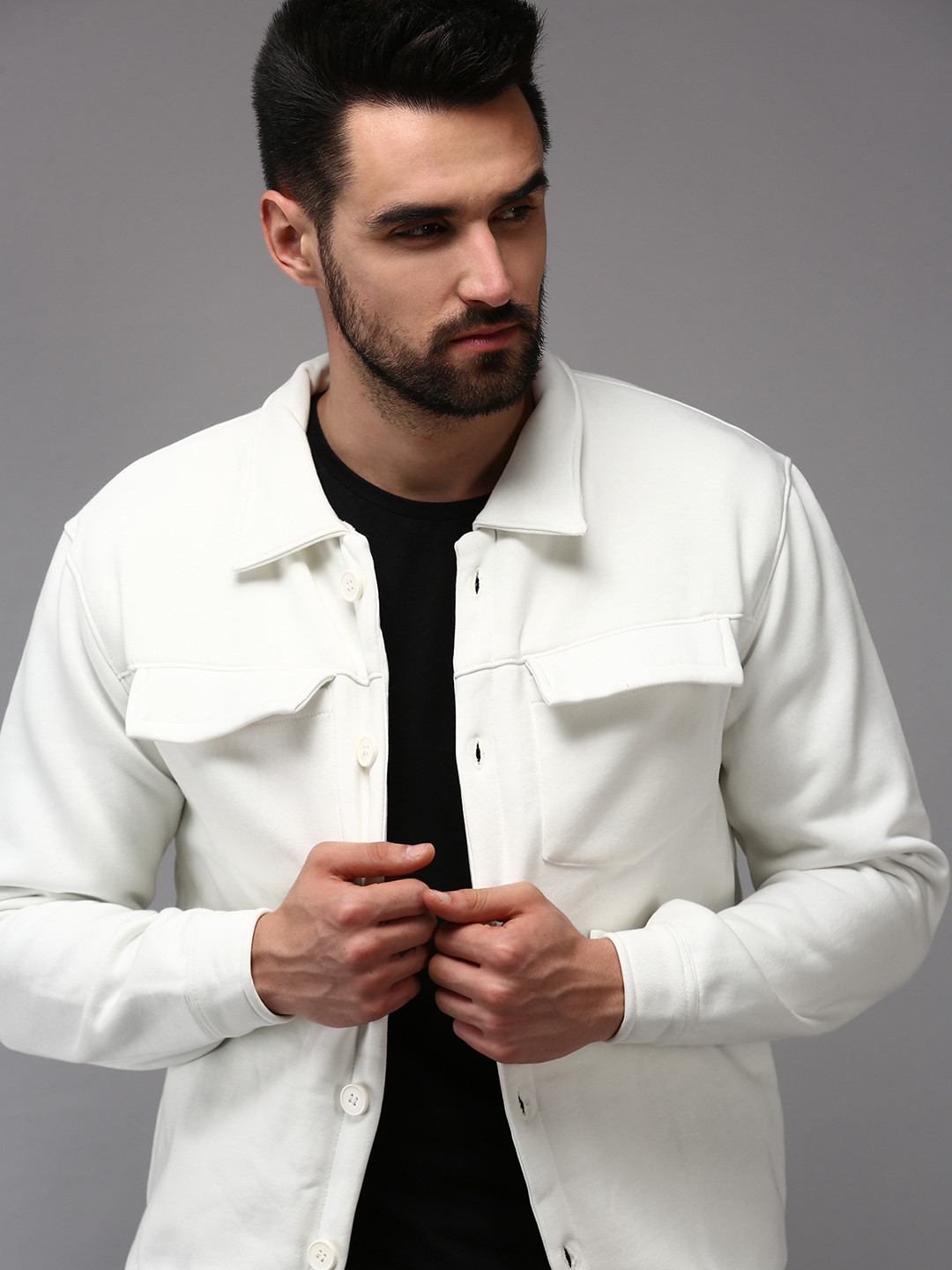 

SHOWOFF Men White Shirt Collar Cotton Sweatshirt