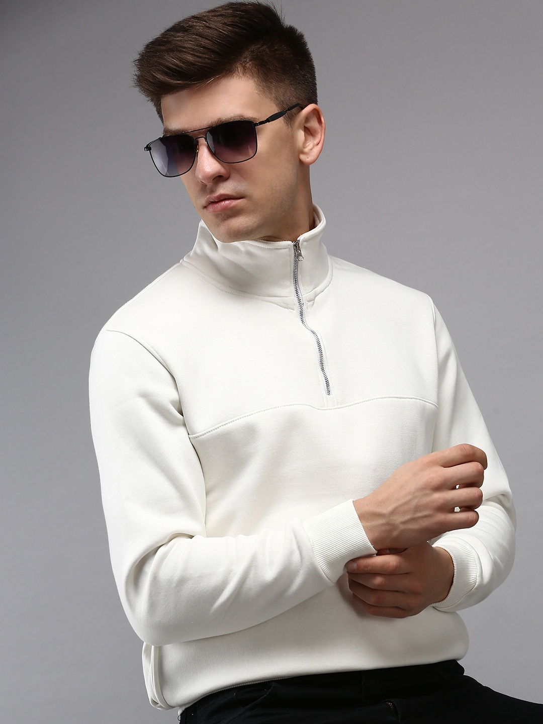 

SHOWOFF Men White Half Zipper Cotton Sweatshirt