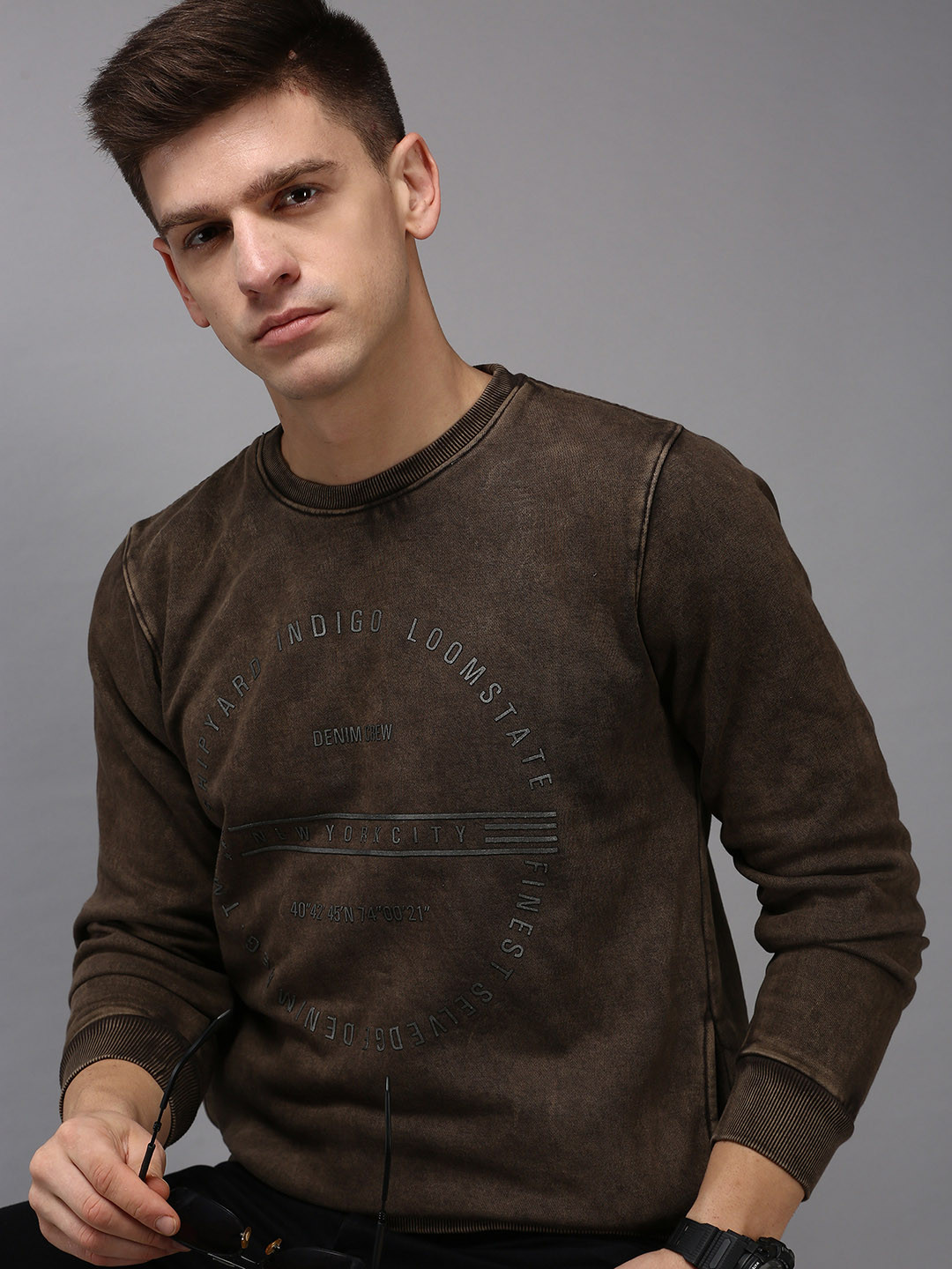 

SHOWOFF Men Coffee Brown Printed Cotton Sweatshirt