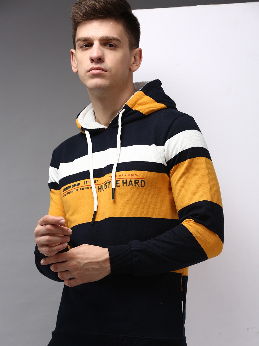 SHOWOFF Men Navy Blue Colourblocked Hooded Sweatshirt