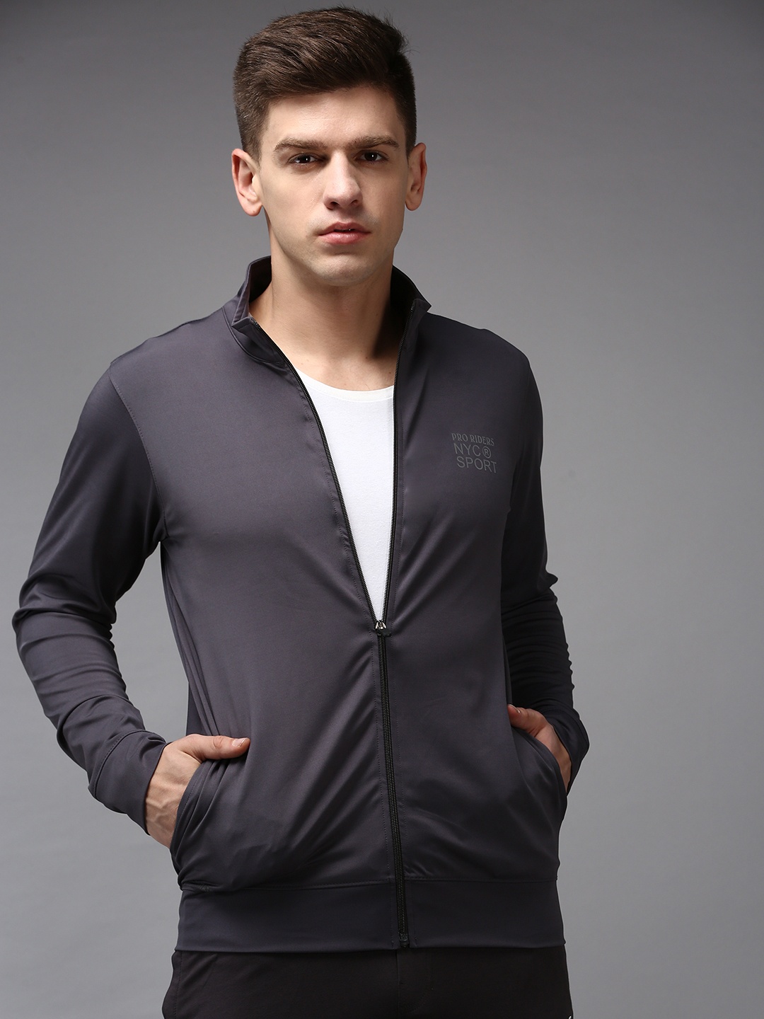 

SHOWOFF Men Grey Solid Polyester PU Coated Sweatshirt