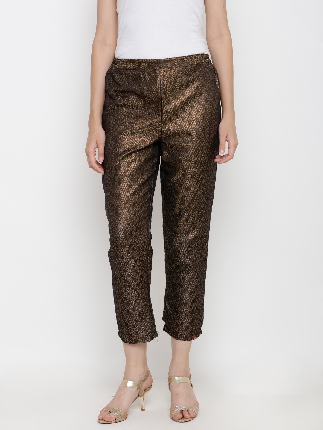 

Biba Women Black & Golden Self-Design Cropped Trousers