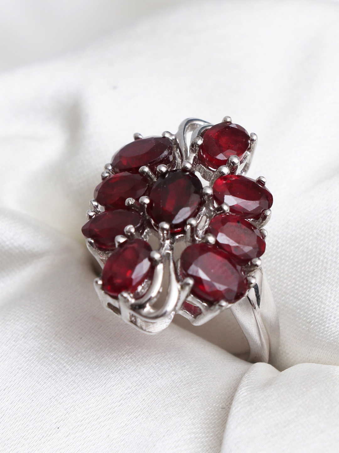 

HIFLYER JEWELS Women Rhodium-Plated Red Ruby Stone Studded Finger Ring, Silver