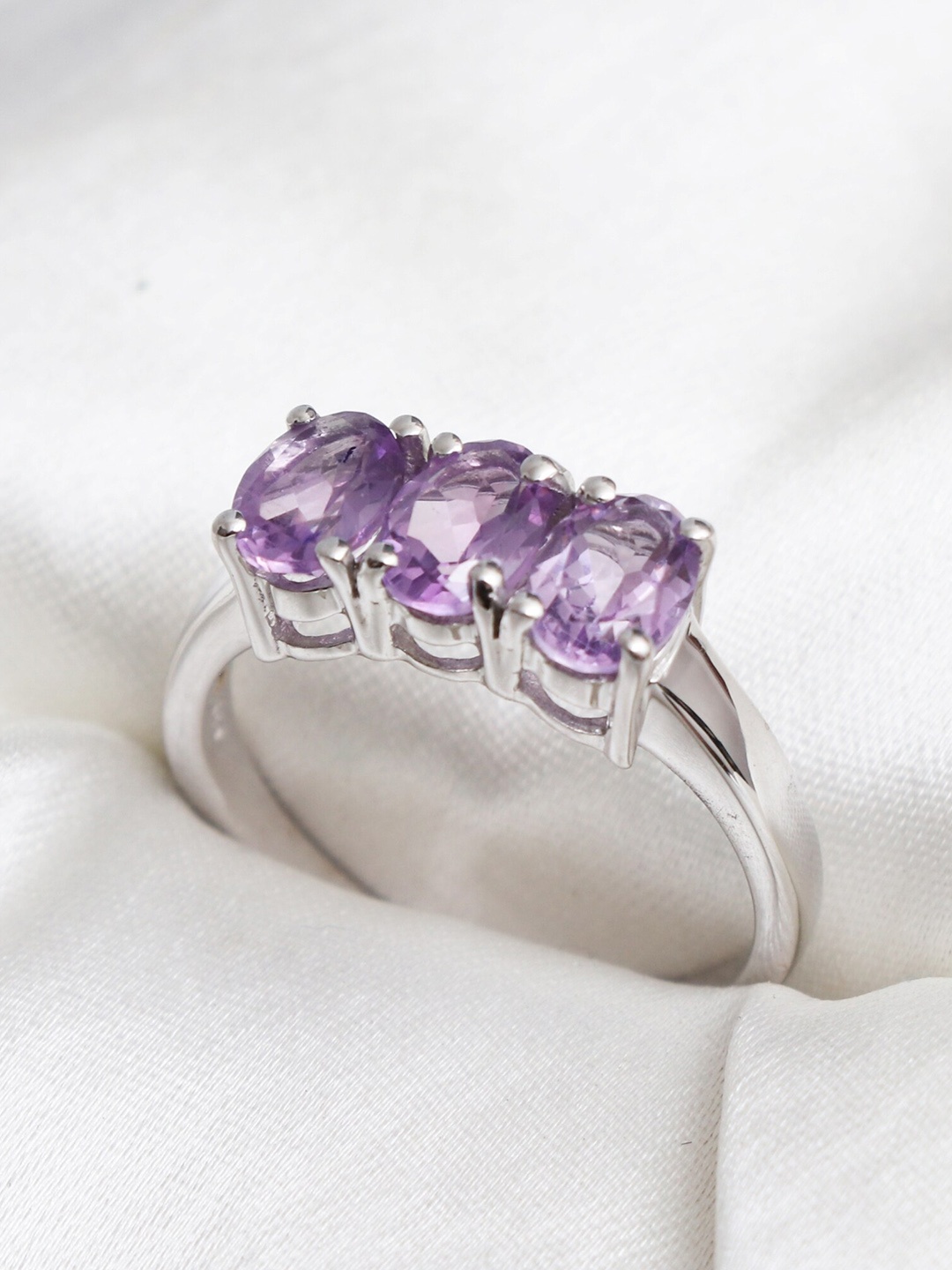 

HIFLYER JEWELS Women Rhodium-Plated Purple Amethyst Stone Studded Silver Finger Ring