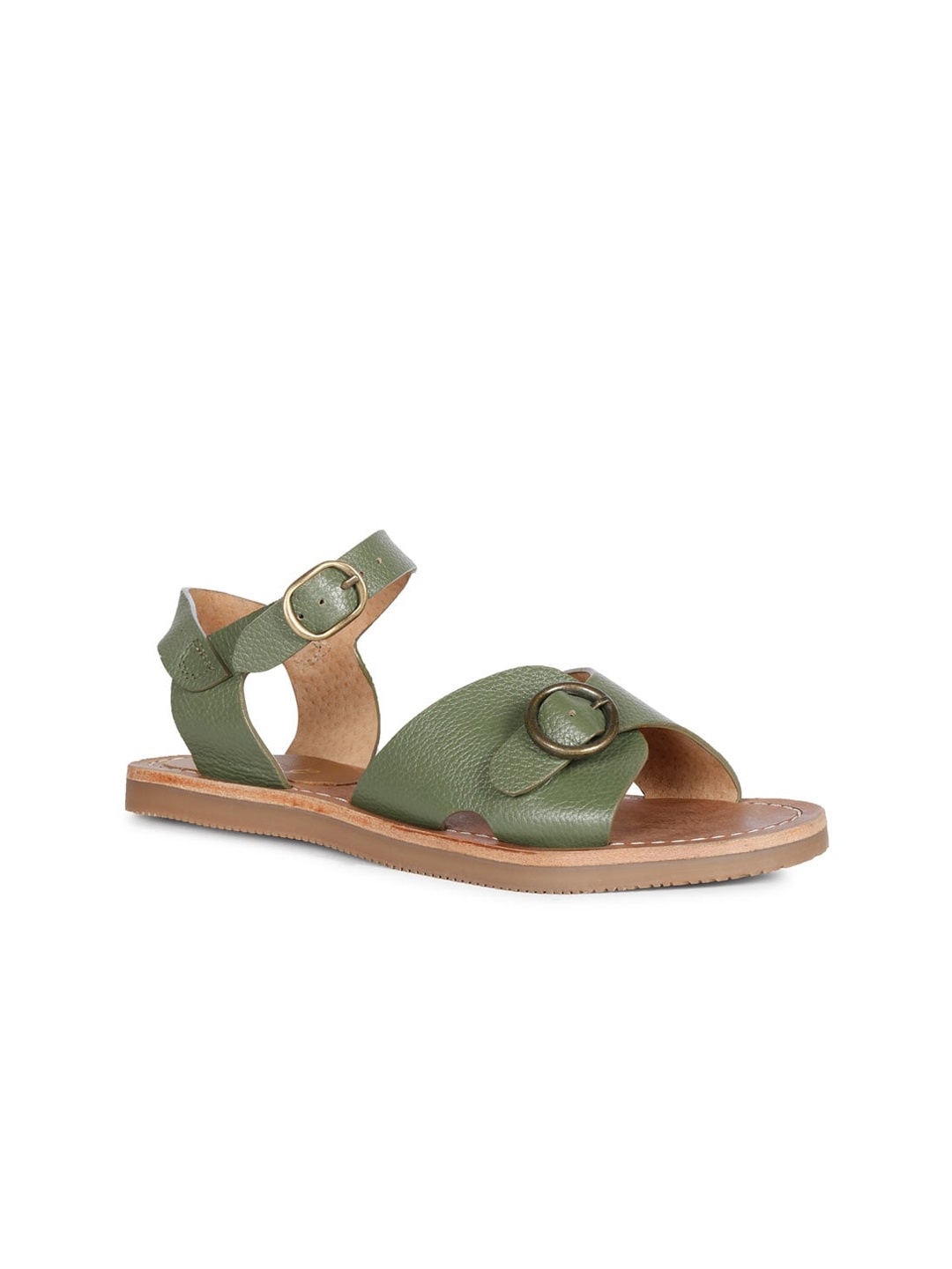 

Saint G Women Green Textured Leather Open Toe Flats with Buckles