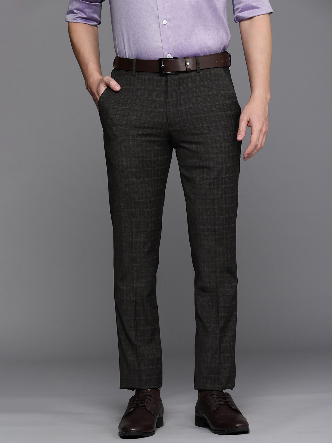 

Louis Philippe Men Checked Slim Fit Formal Trousers, Black