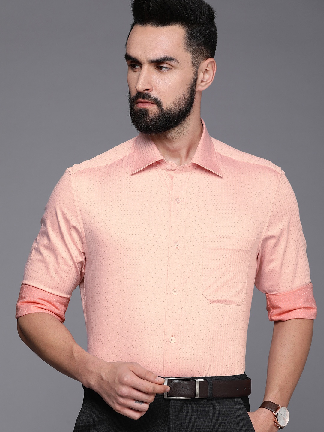 

Louis Philippe Men Micro Ditsy Printed Pure Cotton Formal Shirt, Peach