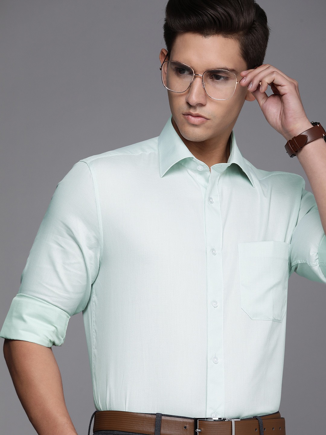 

Louis Philippe Men Sea Green Classic Fit Textured Pure Cotton Formal Shirt