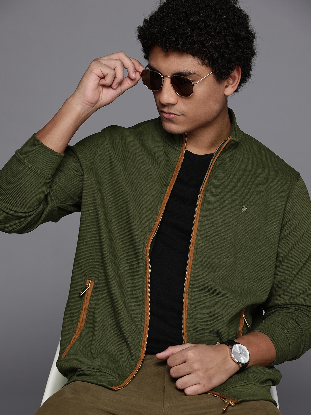 

Louis Philippe Men Green Self-Striped Sweatshirt