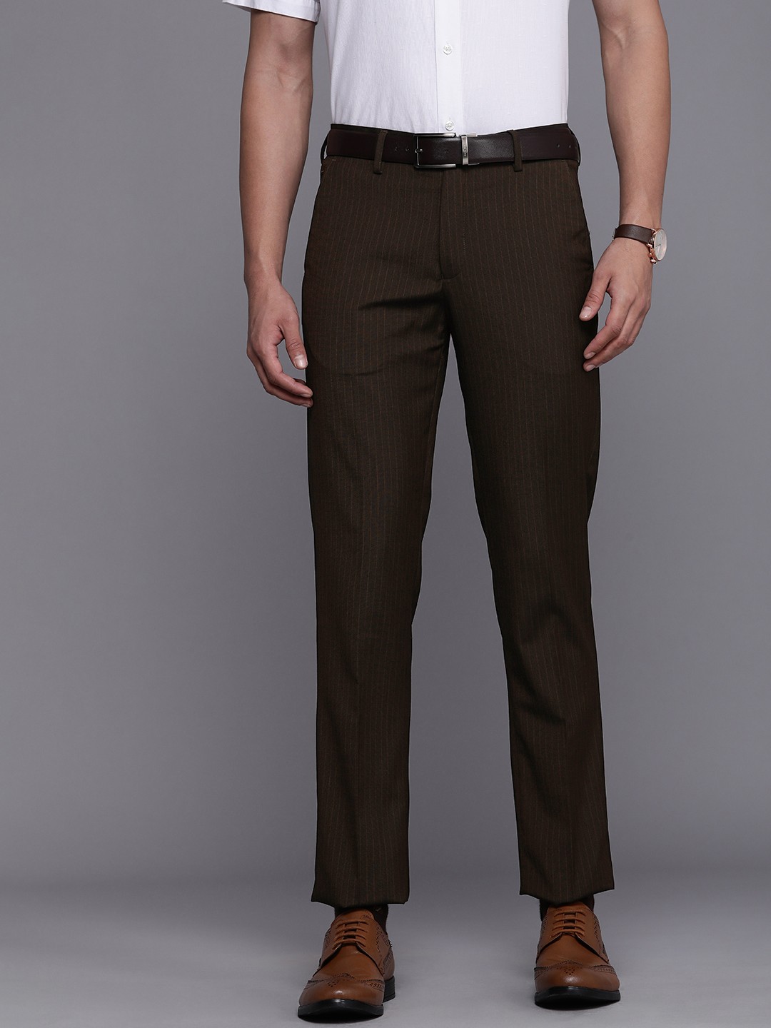 

Louis Philippe Men Striped Slim Fit Trousers, Brown