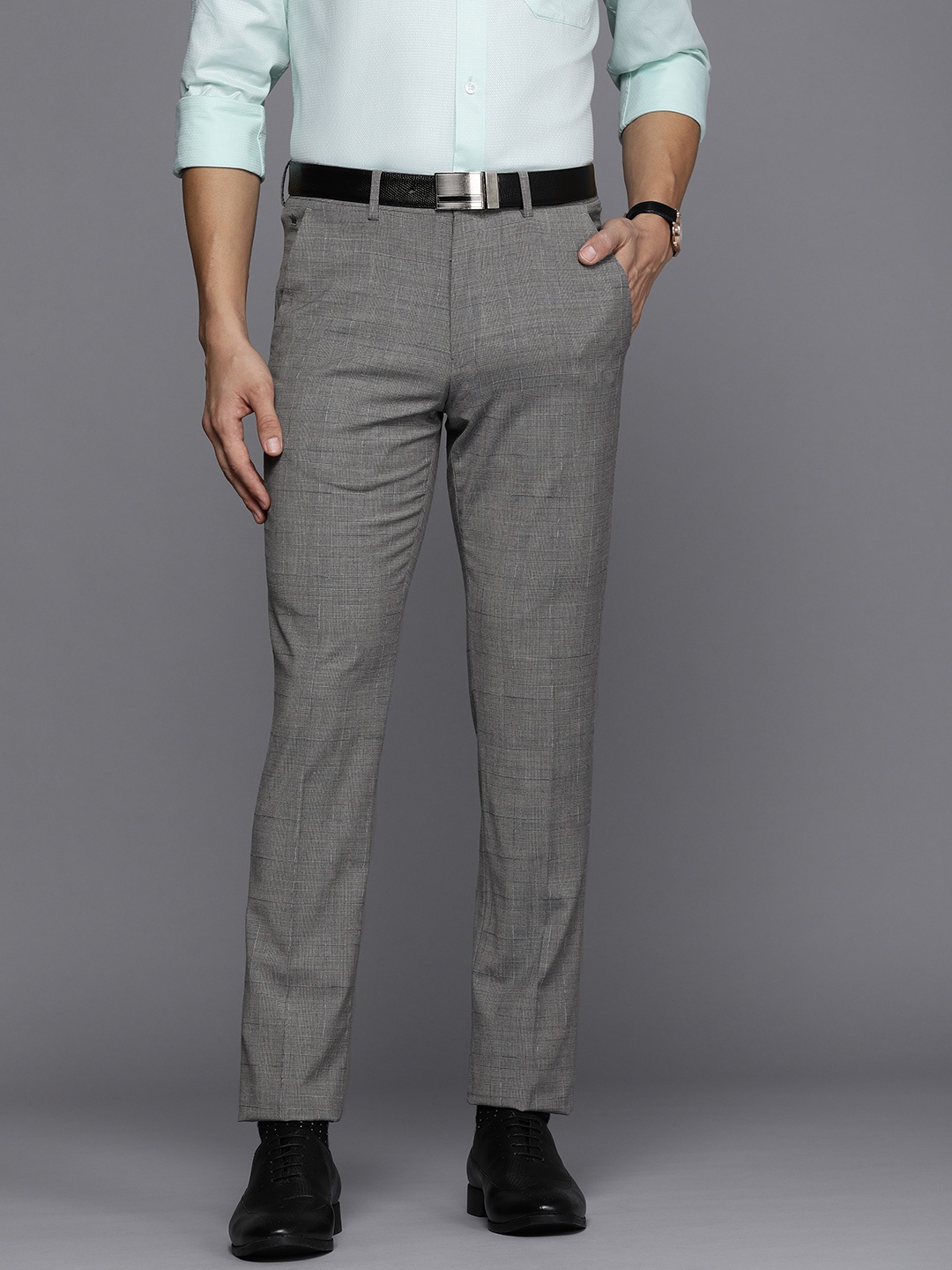 

Louis Philippe Men Grey Checked Super Slim Fit Trousers