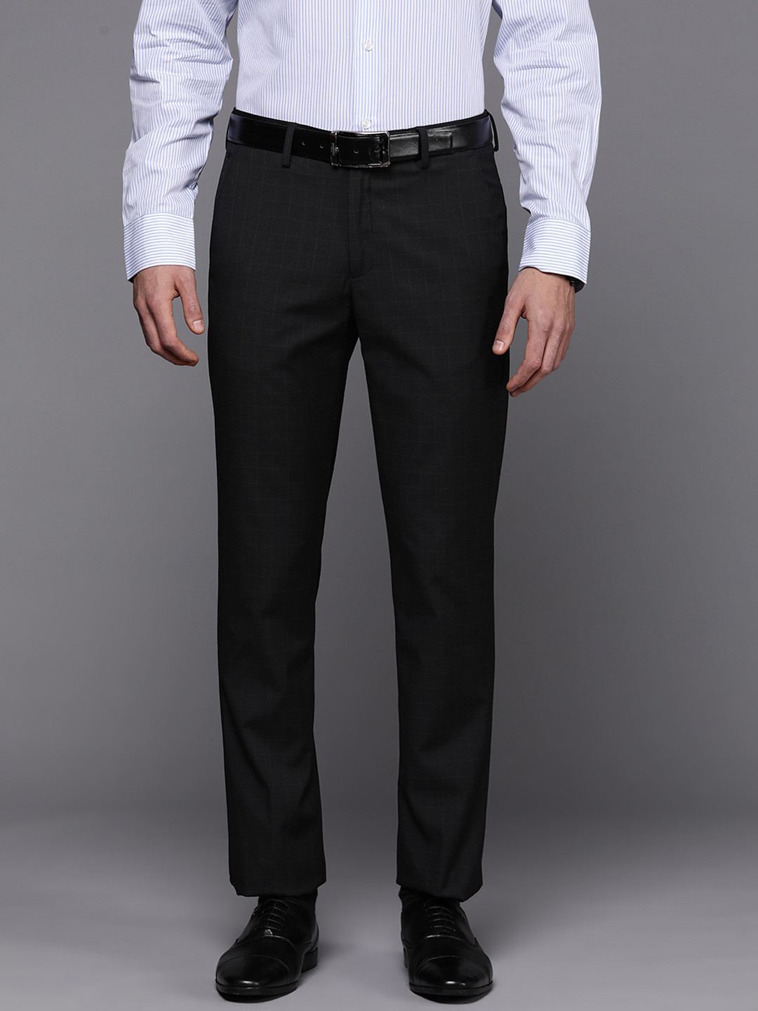 

Louis Philippe Men Checked Slim Fit Formal Trousers, Black