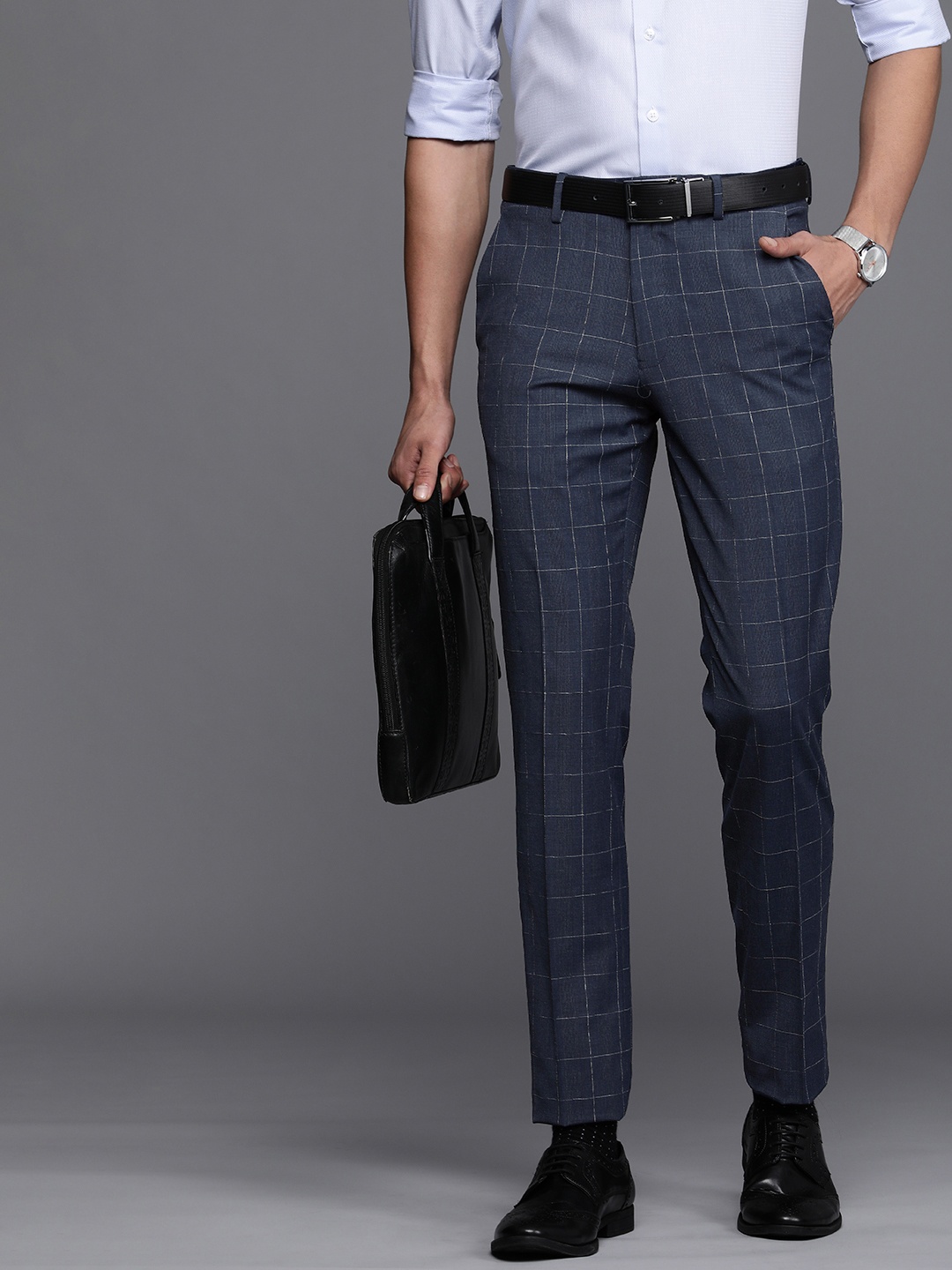 

Louis Philippe Men Blue Checked Slim Fit Trousers