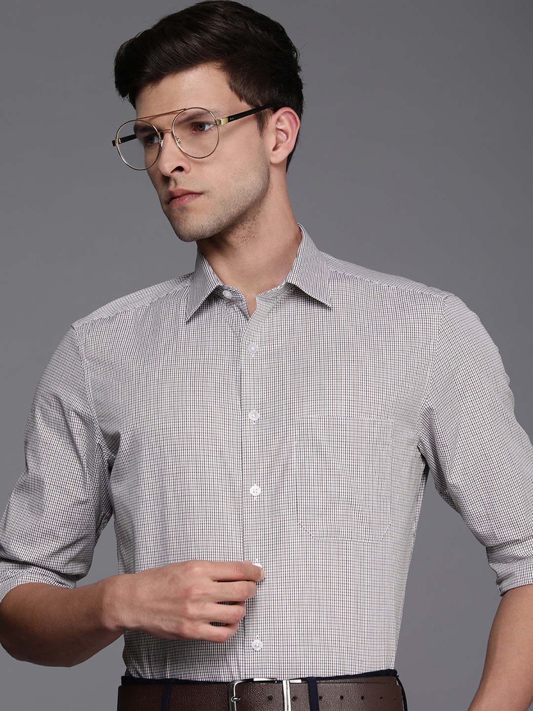 

Louis Philippe Men Beige Slim Fit Micro Checks Pure Cotton Formal Shirt