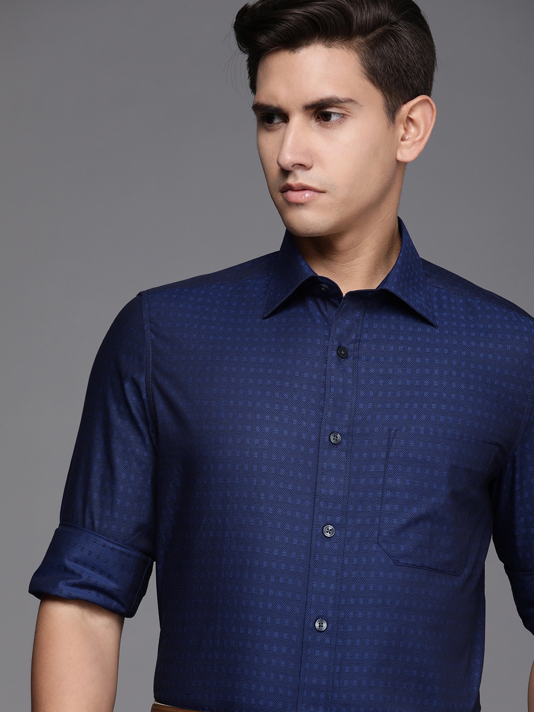 

Louis Philippe Men Classic Fit Textured Pure Cotton Formal Shirt, Navy blue