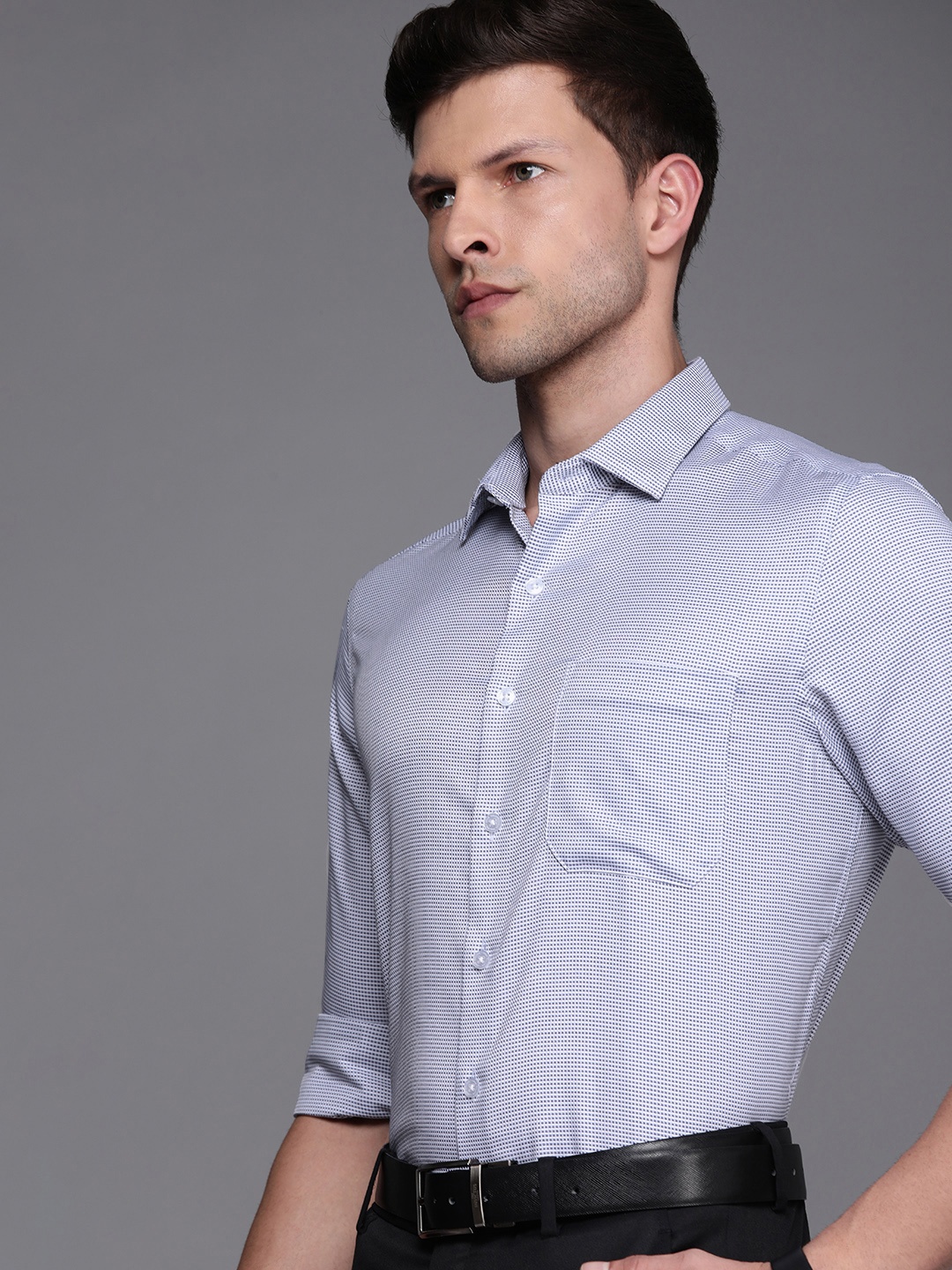 

Louis Philippe Micro-Ditsy Geometric Slim Fit Pure Cotton Formal Shirt, Blue