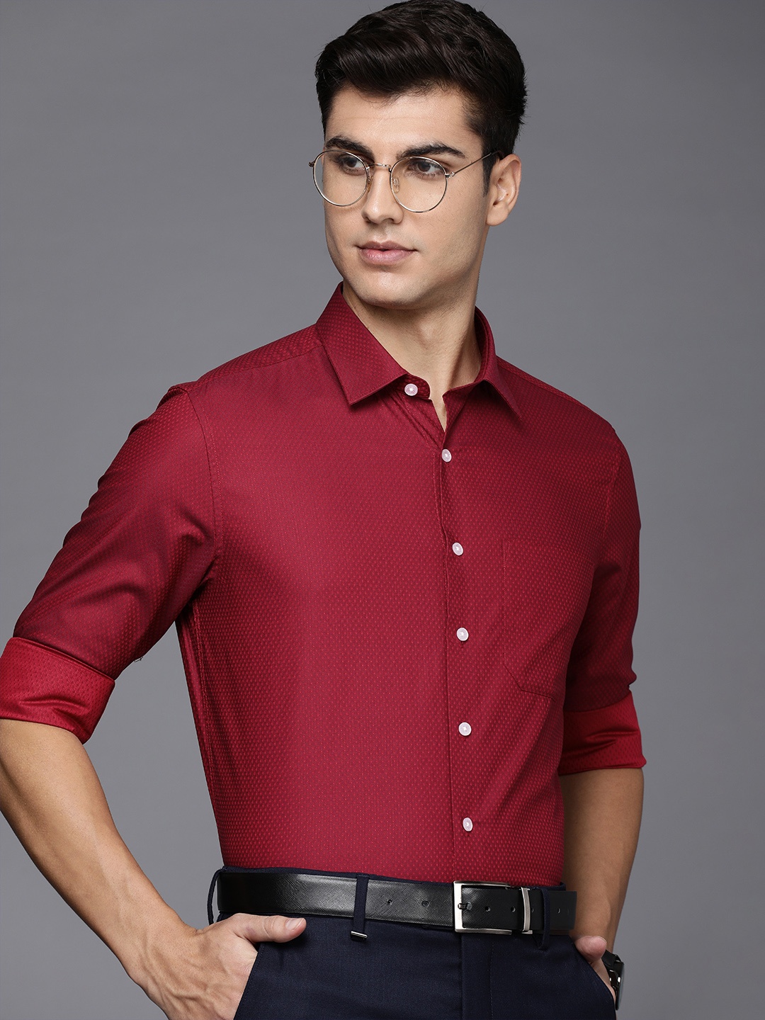 

Louis Philippe Men Burgundy Slim Fit Micro Ditsy Self Design Premium Cotton Formal Shirt