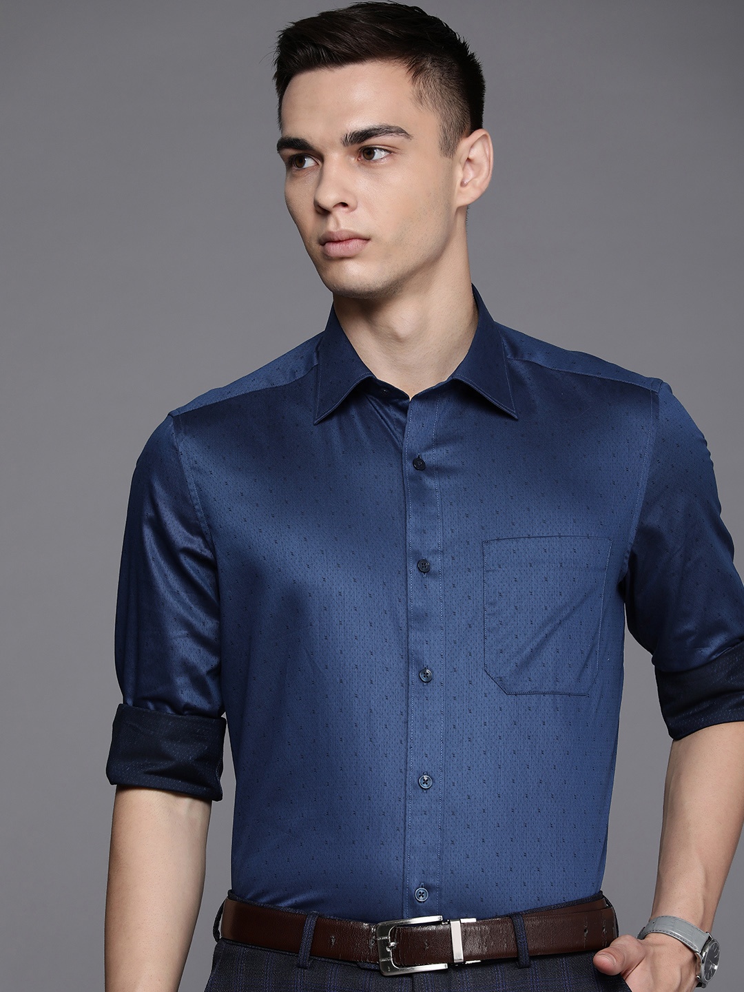 

Louis Philippe Men Classic Fit Pure Cotton Textured Formal Shirt, Navy blue
