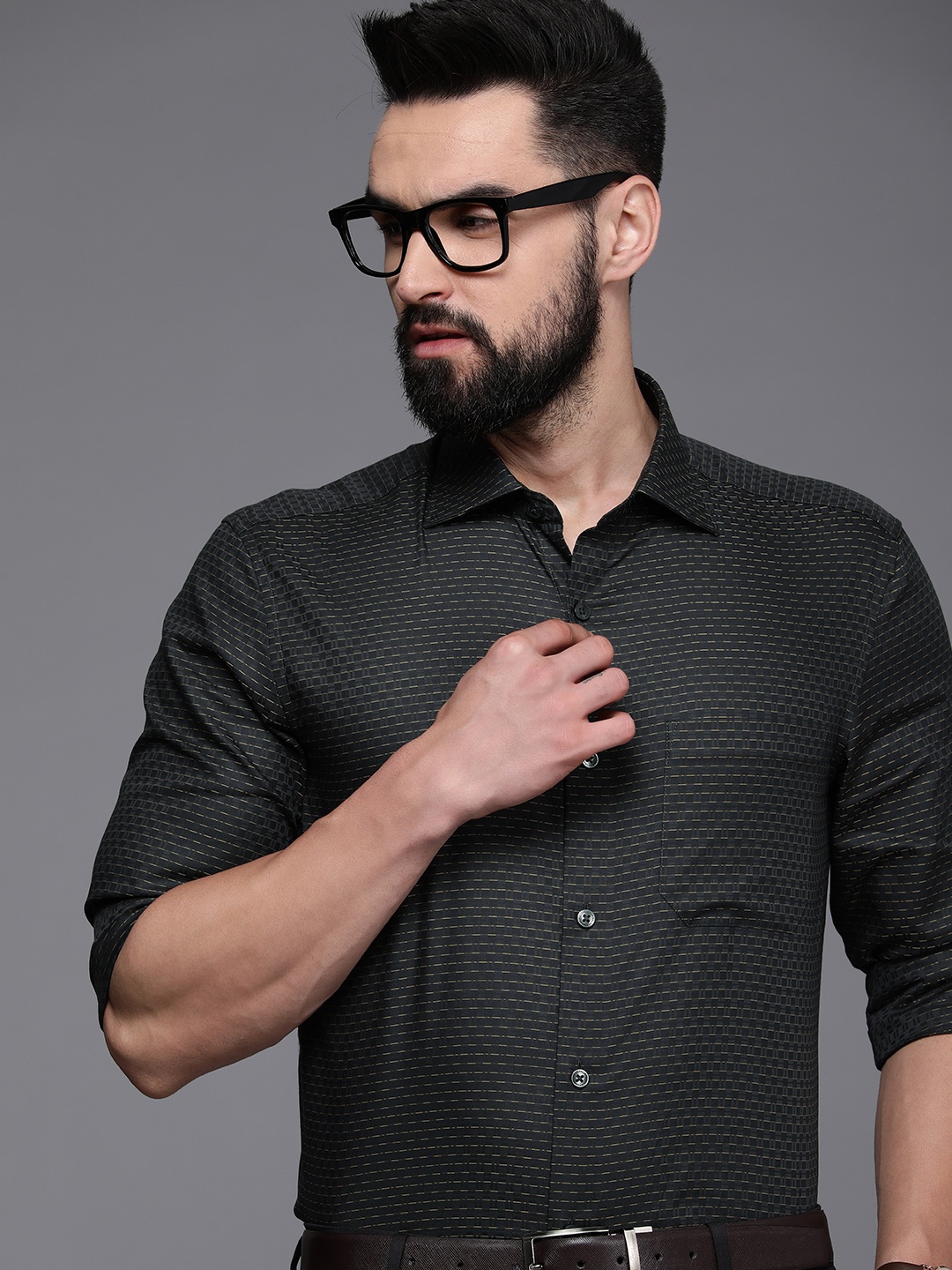 

Louis Philippe Self-Checks Pure Cotton Formal Shirt, Black