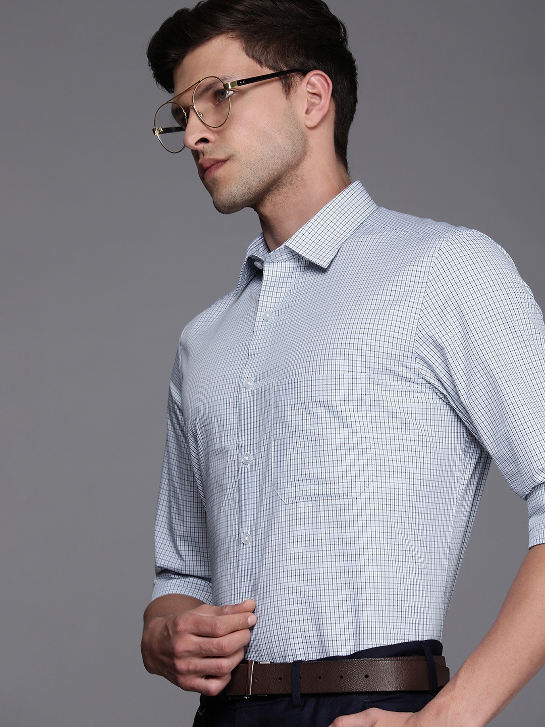 

Louis Philippe Men Blue Slim Fit Micro Checks Pure Cotton Formal Shirt