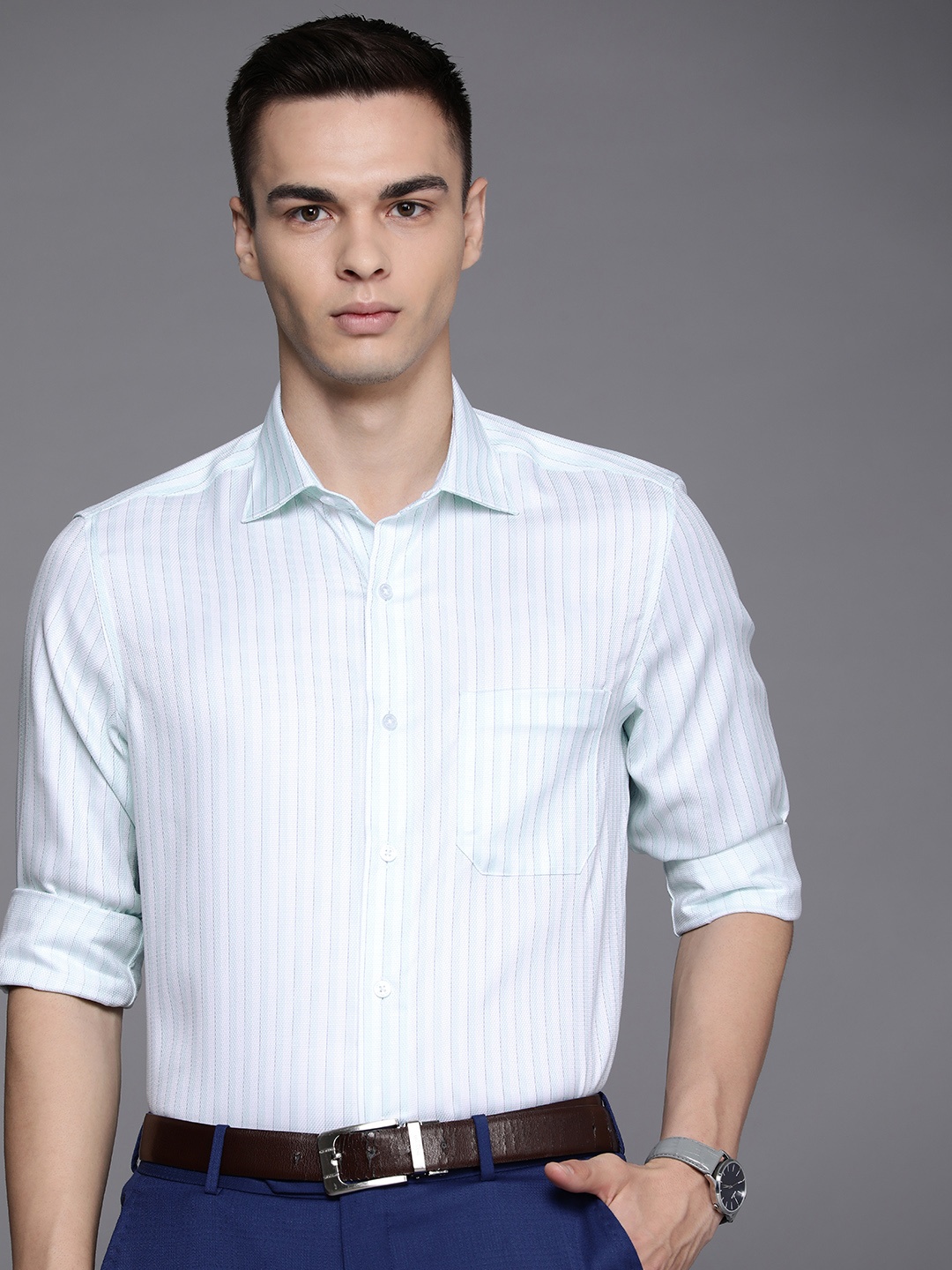 

Louis Philippe Men Classic Fit Pure Cotton Striped Formal Shirt, Blue