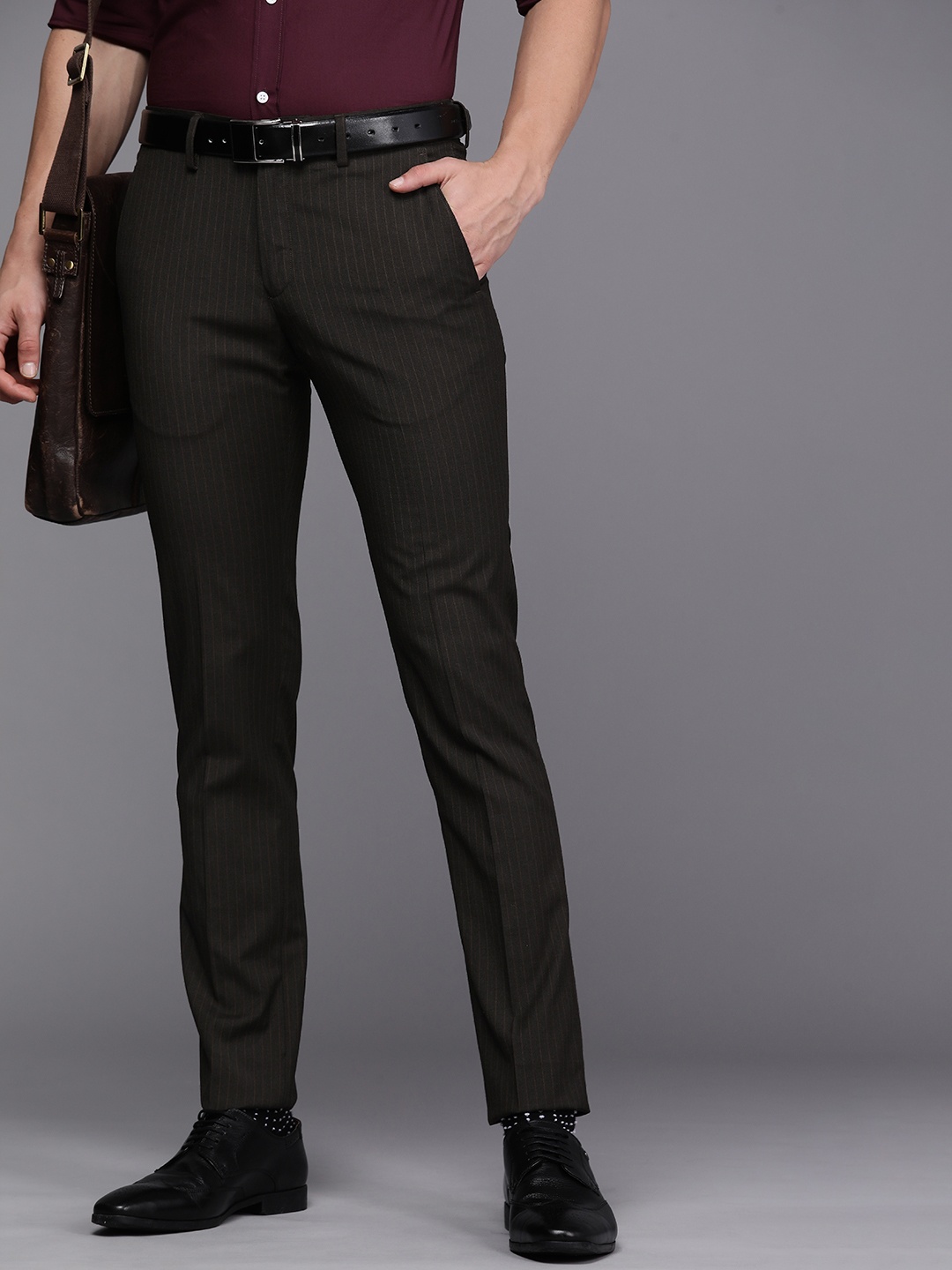 

Louis Philippe Men Olive Green Striped Super Slim Fit Formal Trousers