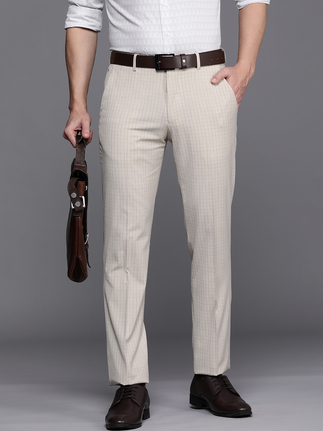 

Louis Philippe Men Beige Checked Slim Fit Formal Trousers