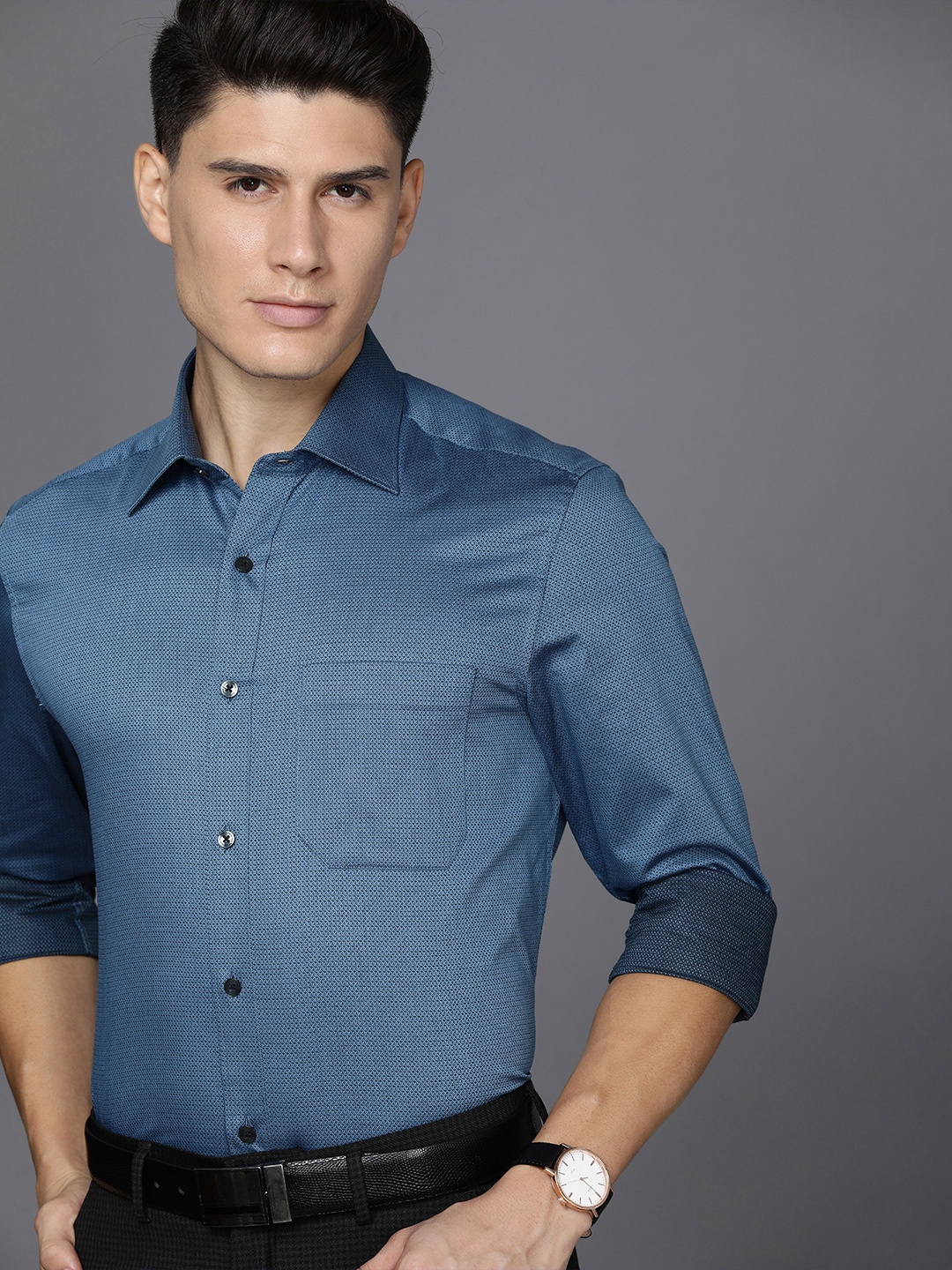 

Louis Philippe Men Blue Classic Micro-Ditsy Printed Pure Cotton Formal Shirt