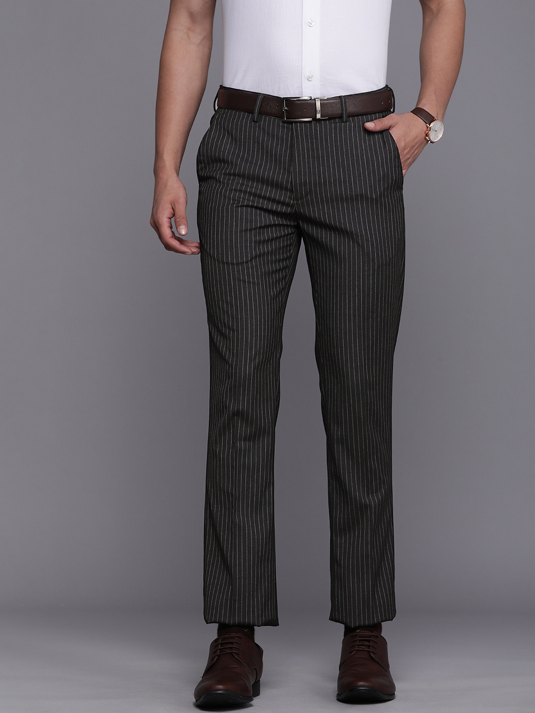 

Louis Philippe Men Striped Slim Fit Trousers, Charcoal