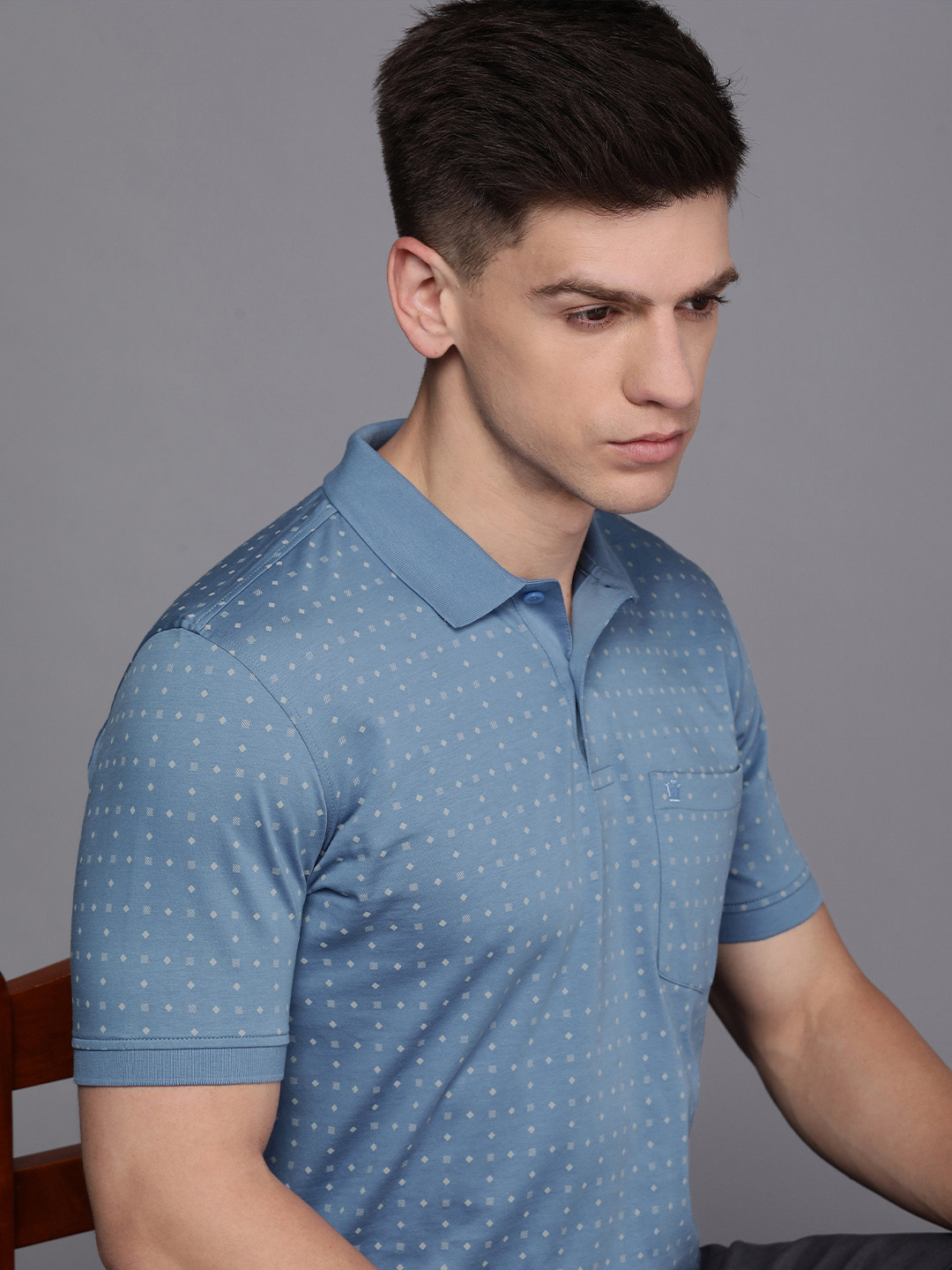 

Louis Philippe Men Blue Pure Cotton Printed Polo Collar T-shirt