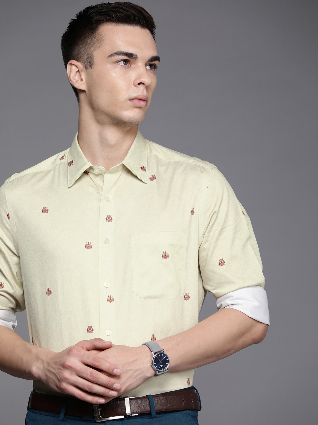 

Louis Philippe Pure Cotton Conversational Print Formal Shirt, Cream