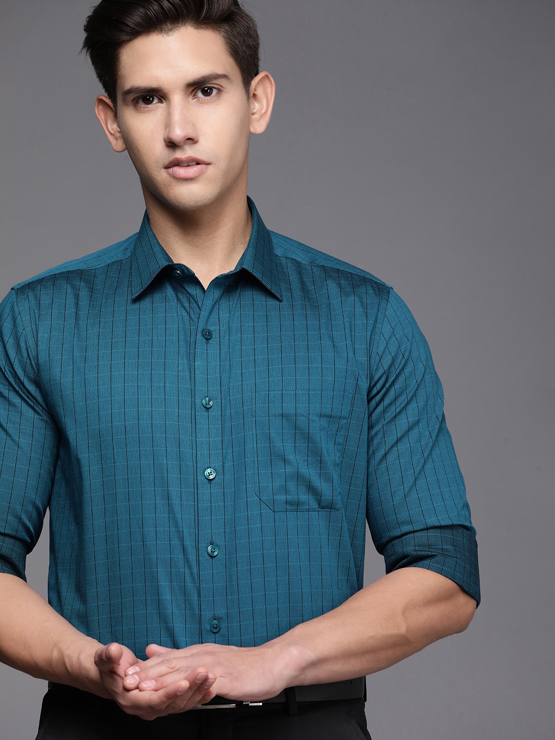 

Louis Philippe Men Teal Blue & Button Slim Fit Grid Tattersall Checked Cotton Formal Shirt