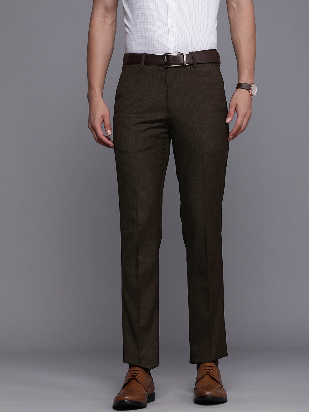 

Louis Philippe Men Checked Slim Fit Trousers, Brown