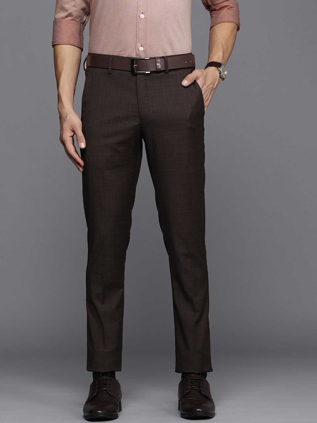 

Louis Philippe Men Brown Checked Super Slim Fit Trousers