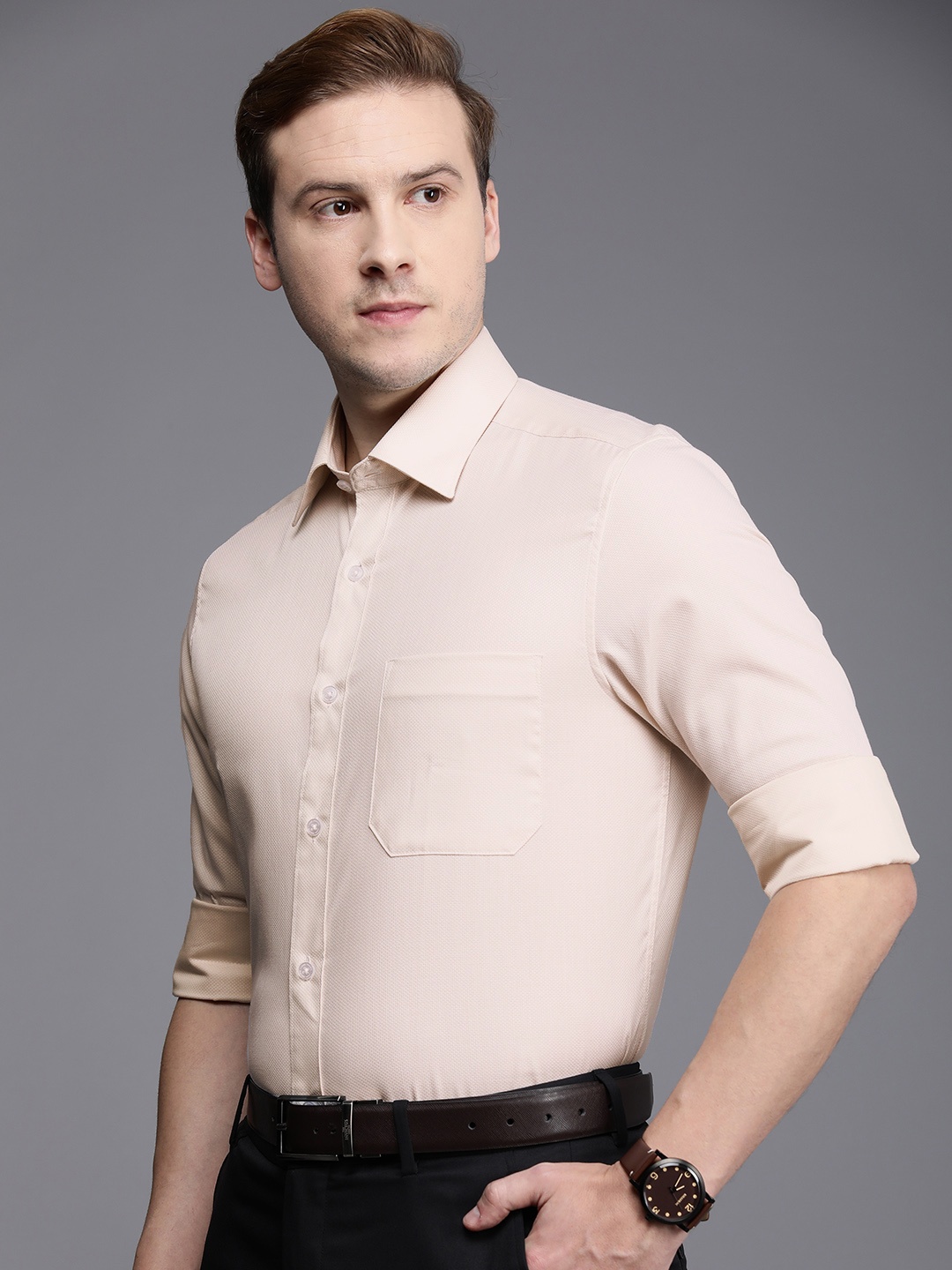 

Louis Philippe Men Beige Solid Pure Cotton Formal Shirt