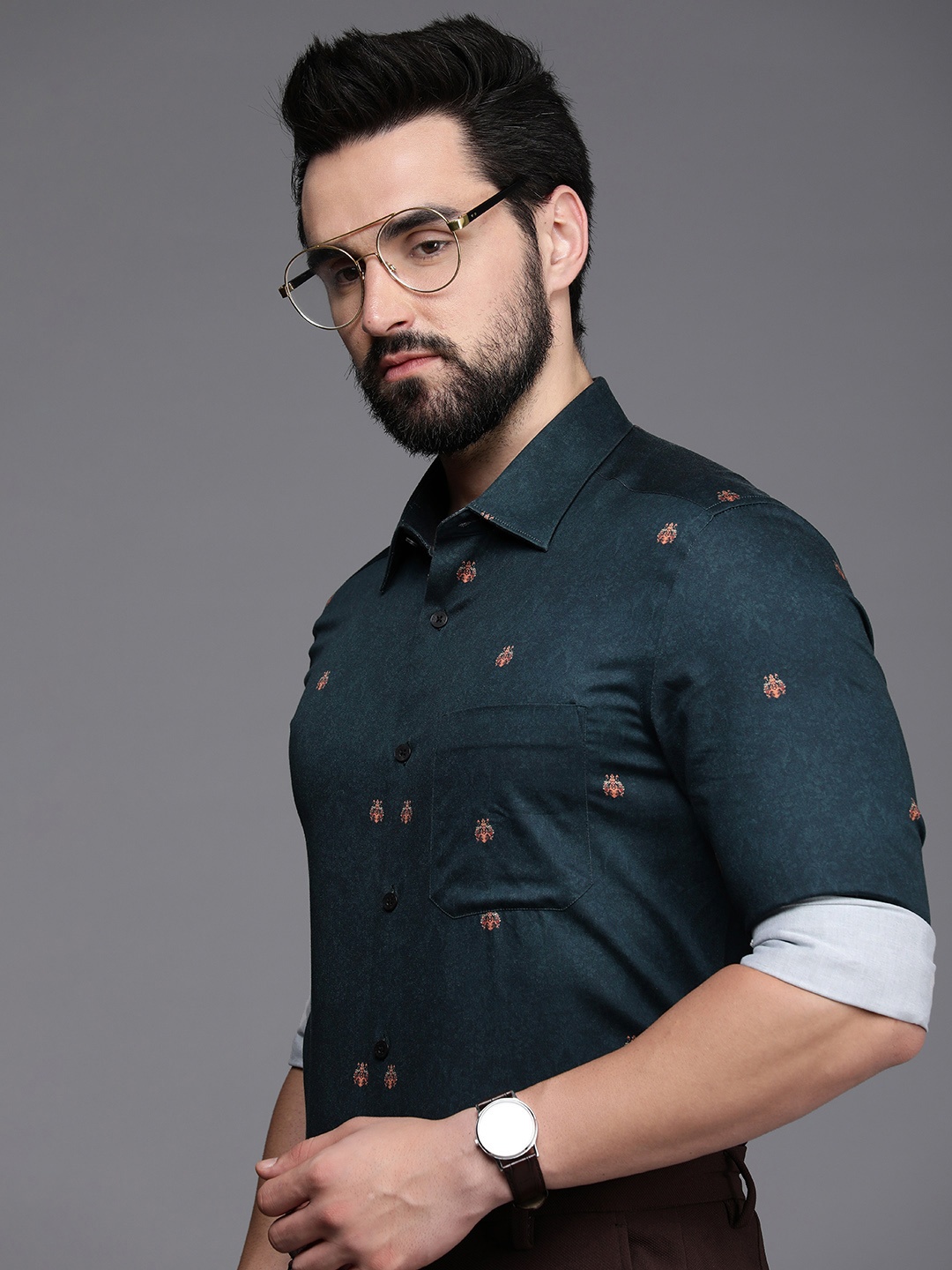 

Louis Philippe Classic Ethnic Motifs Printed Pure Cotton Semiformal Shirt, Teal