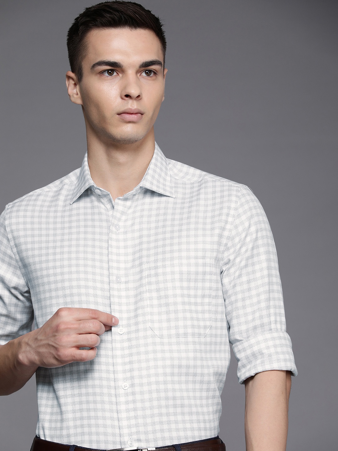 

Louis Philippe Pure Cotton Classic Fit Checked Formal Shirt, Grey