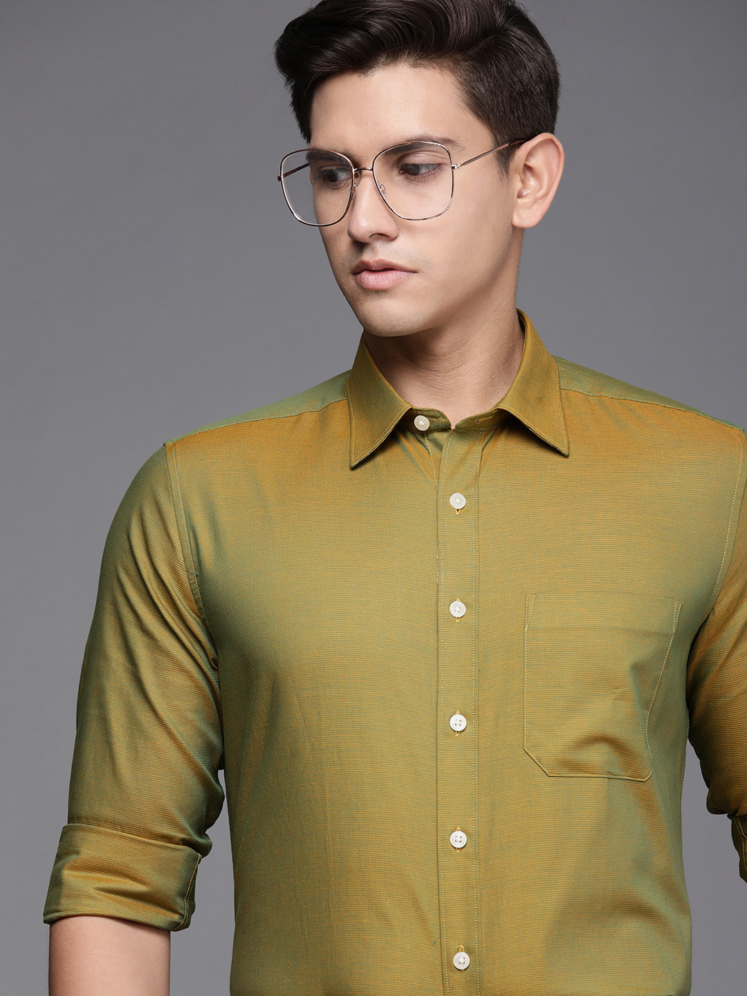 

Louis Philippe Men Green & Yellow Pure Cotton Slim Fit Formal Shirt