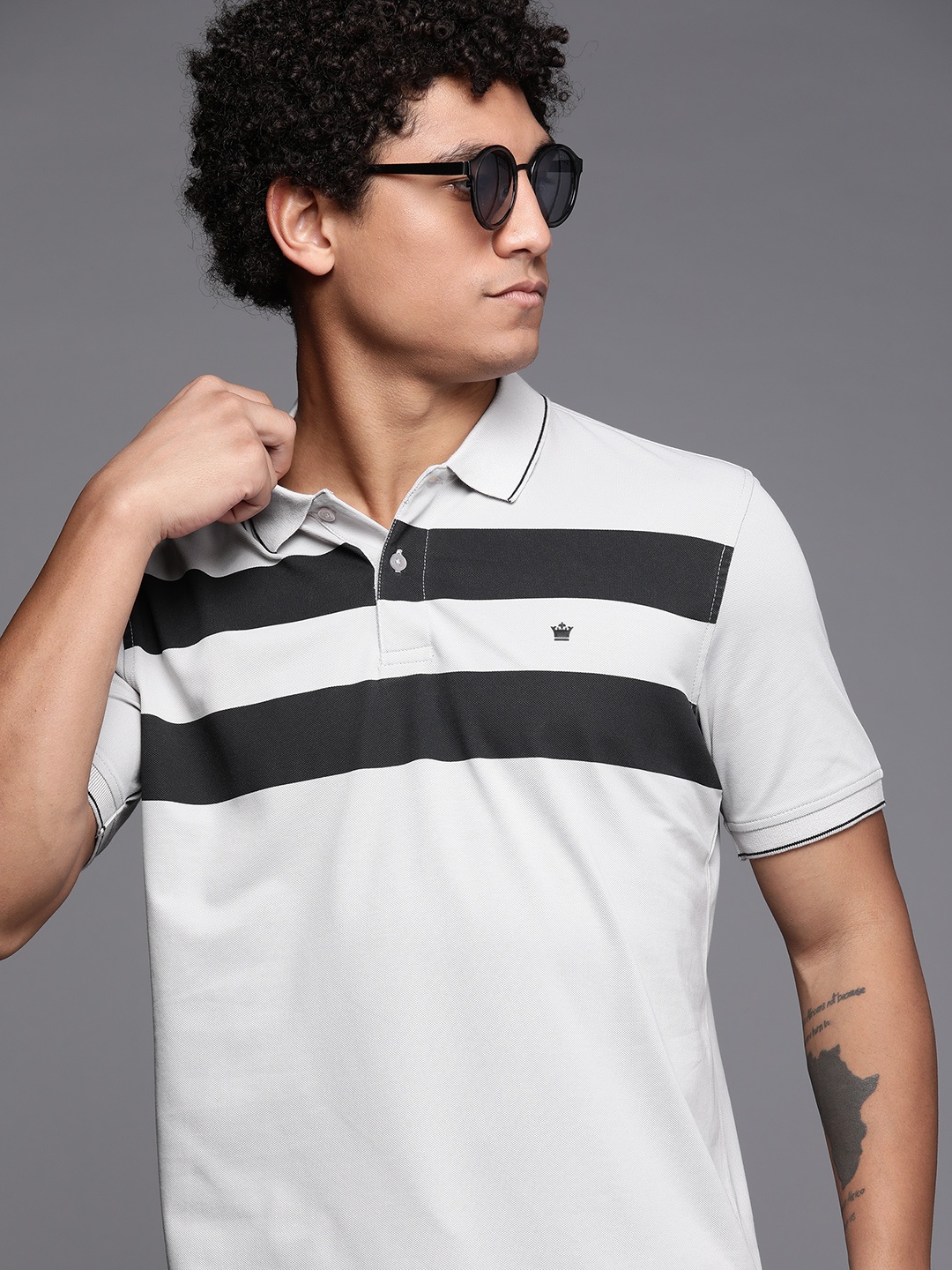 

Louis Philippe Men Grey & Black Striped Polo Collar T-shirt