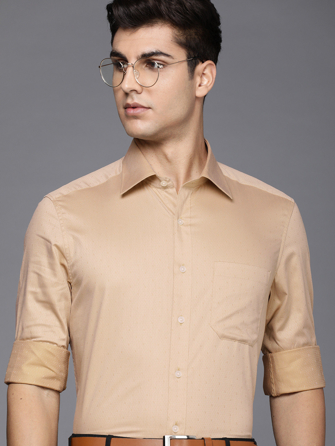 

Louis Philippe Men Dark Beige Classic Fit Micro Ditsy Self Design Pure Cotton Formal Shirt